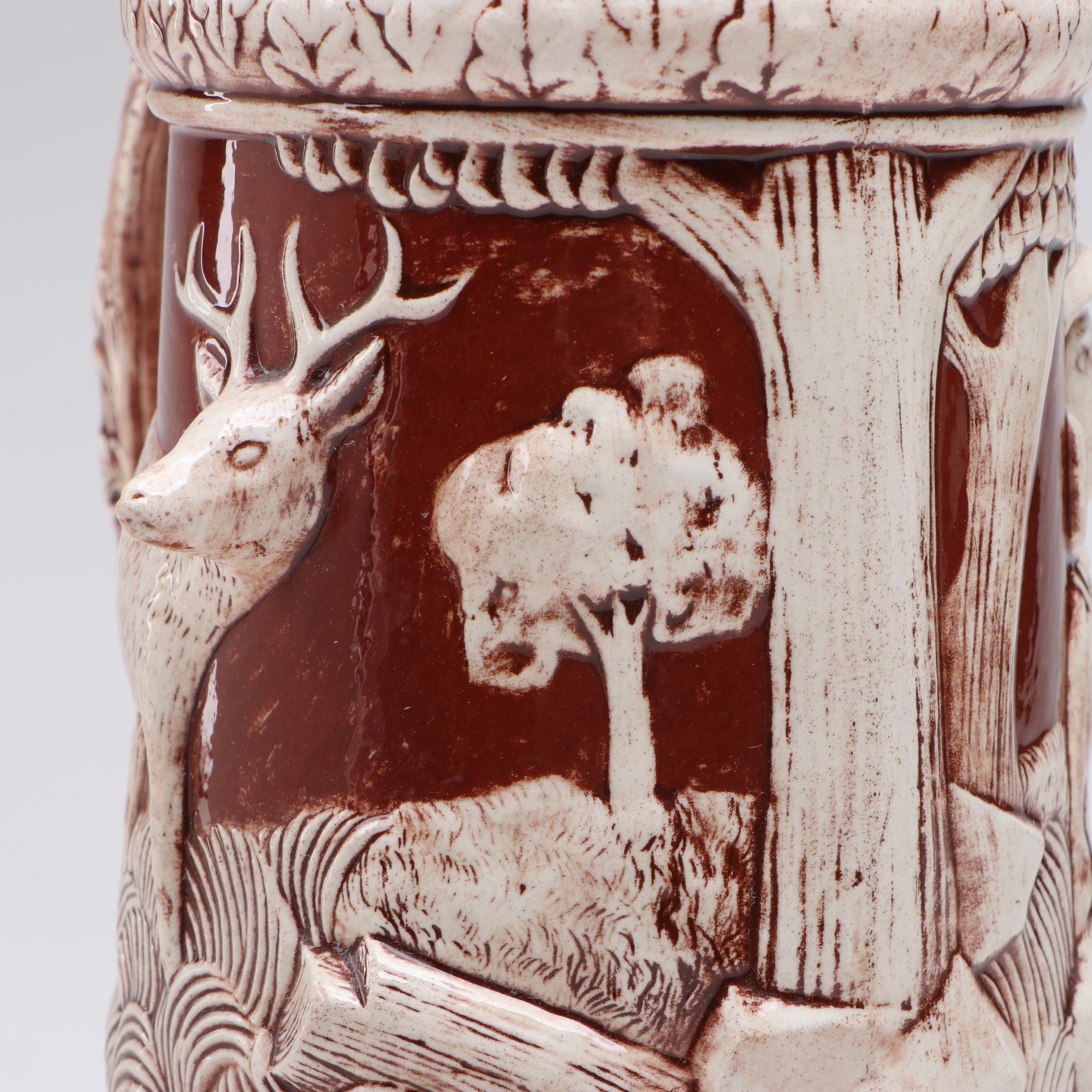 German Traditional Earthenware Stein with Hunter and Stag Theme