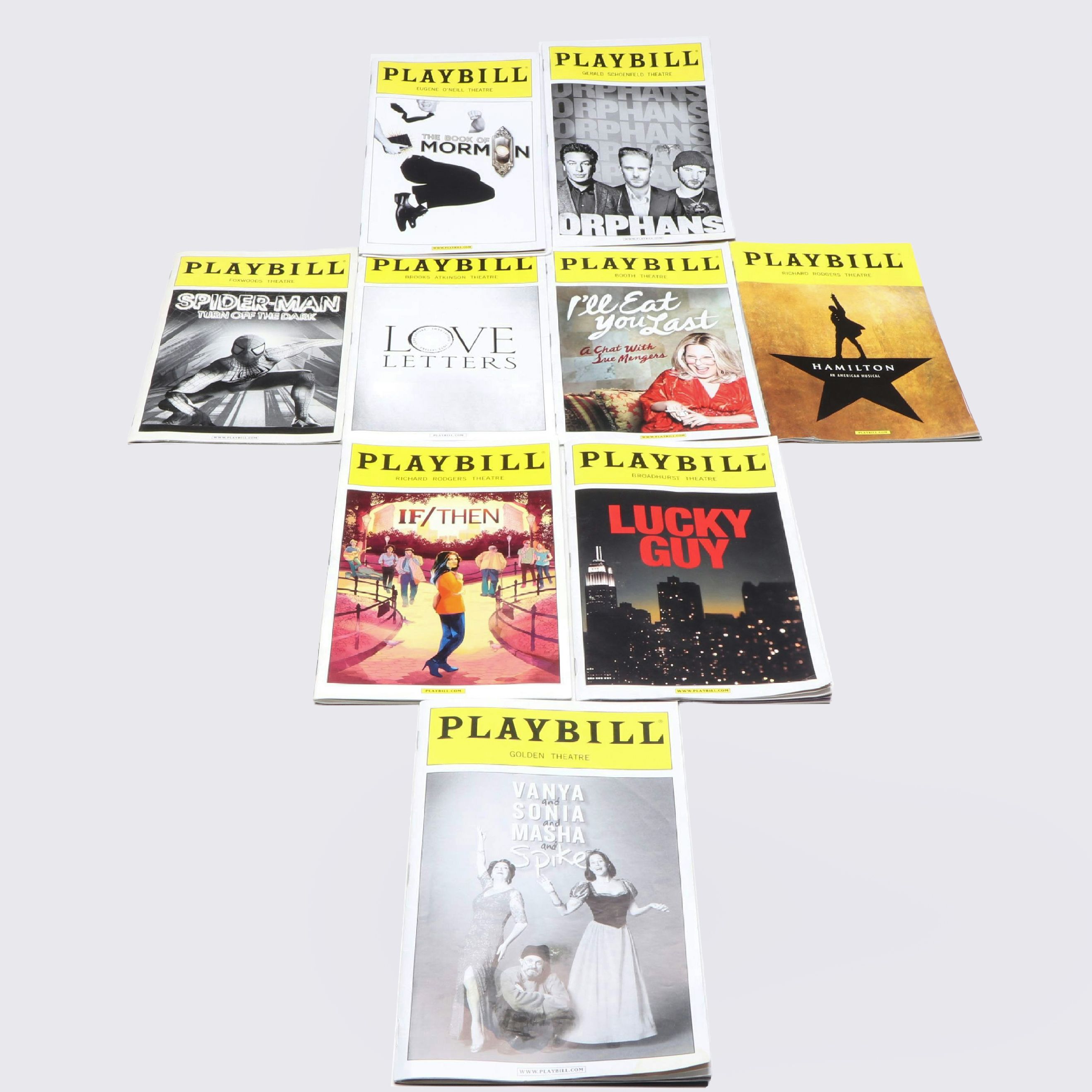 Broadhurst Theatre Cast Signed "Lucky Guy" with "Orphan" and Other Playbills