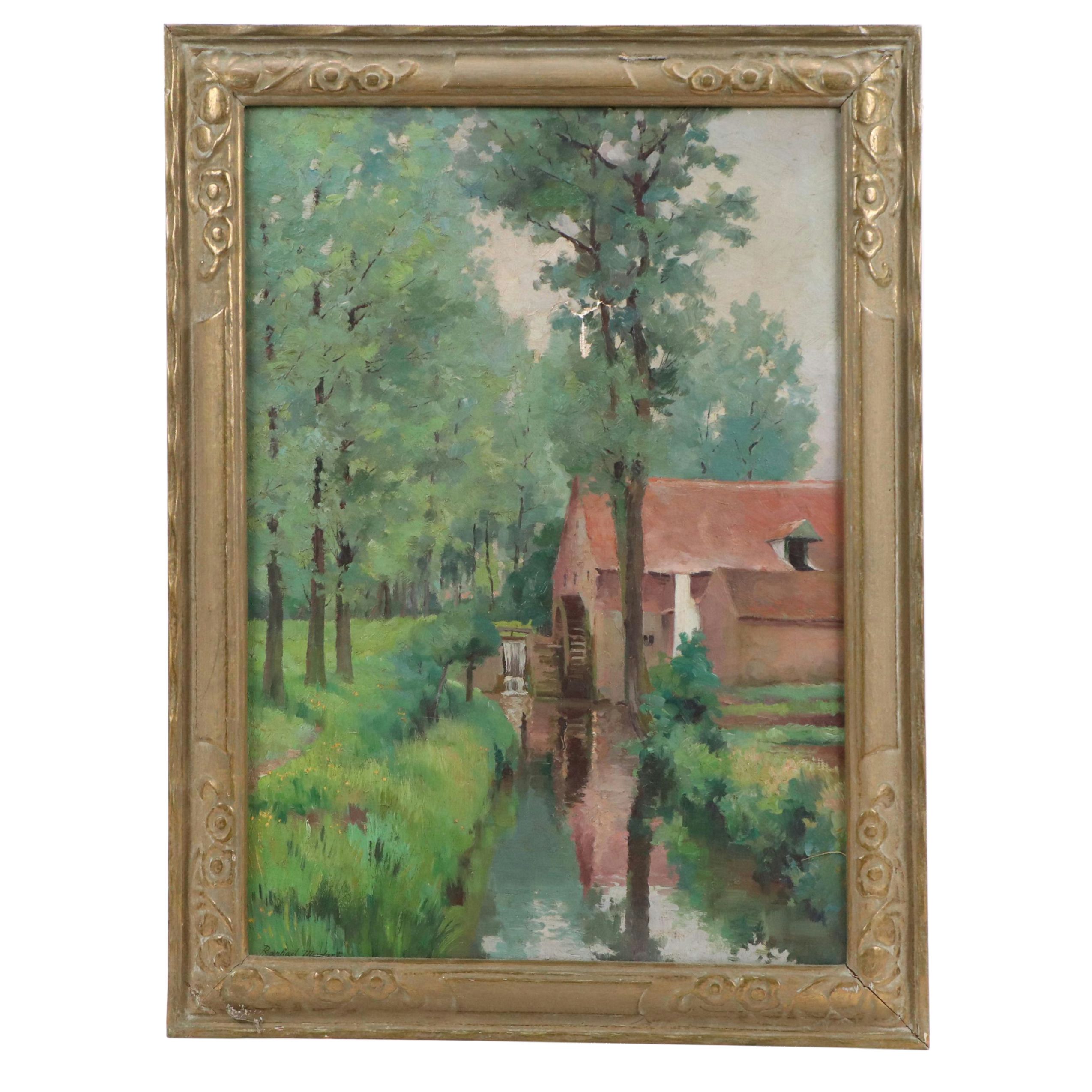 River Landscape Oil Painting of Cottage with Windmill, 20th Century