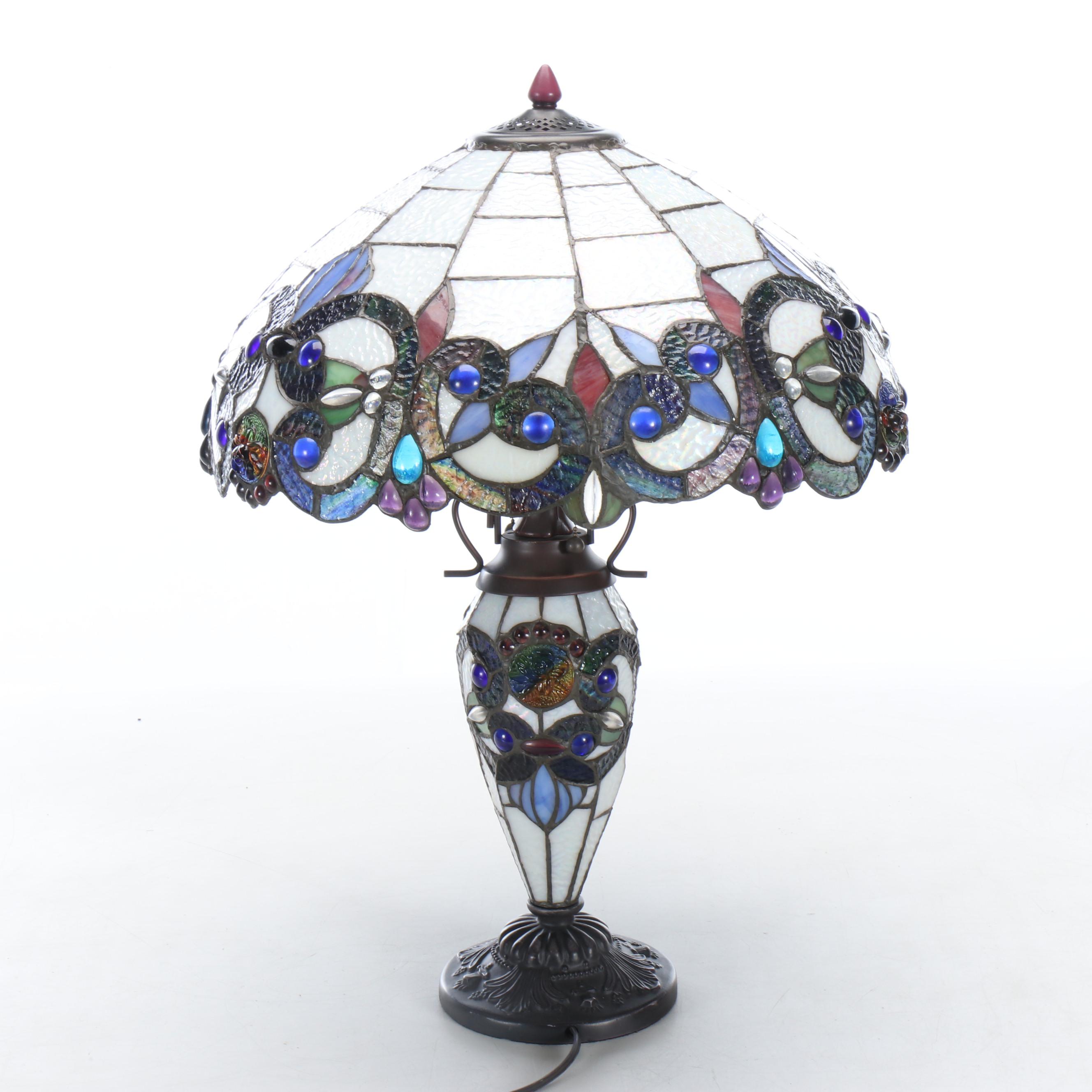 Victorian Style Slag Glass and Jeweled Table Lamp with Matching Shade, 21st C