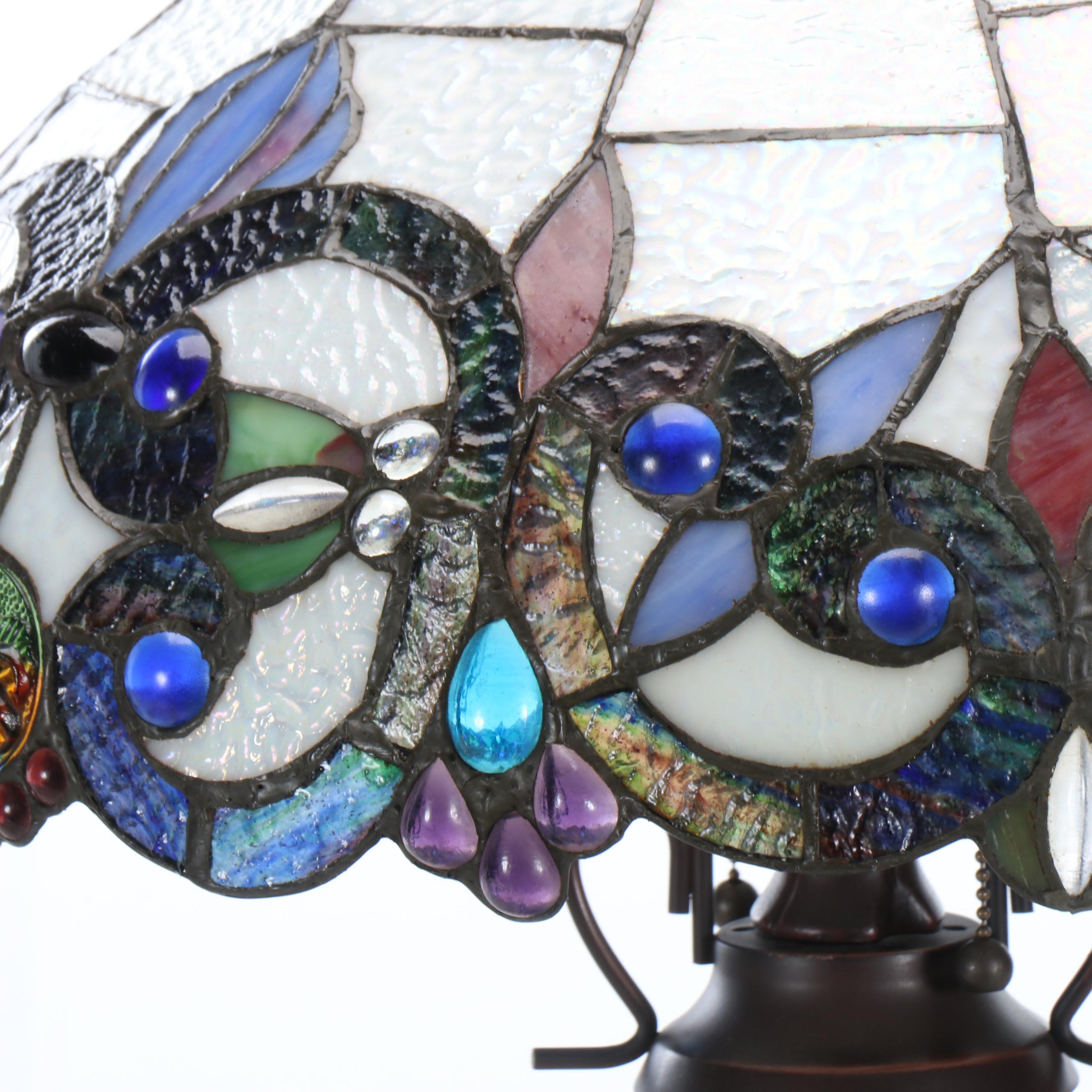 Victorian Style Slag Glass and Jeweled Table Lamp with Matching Shade, 21st C