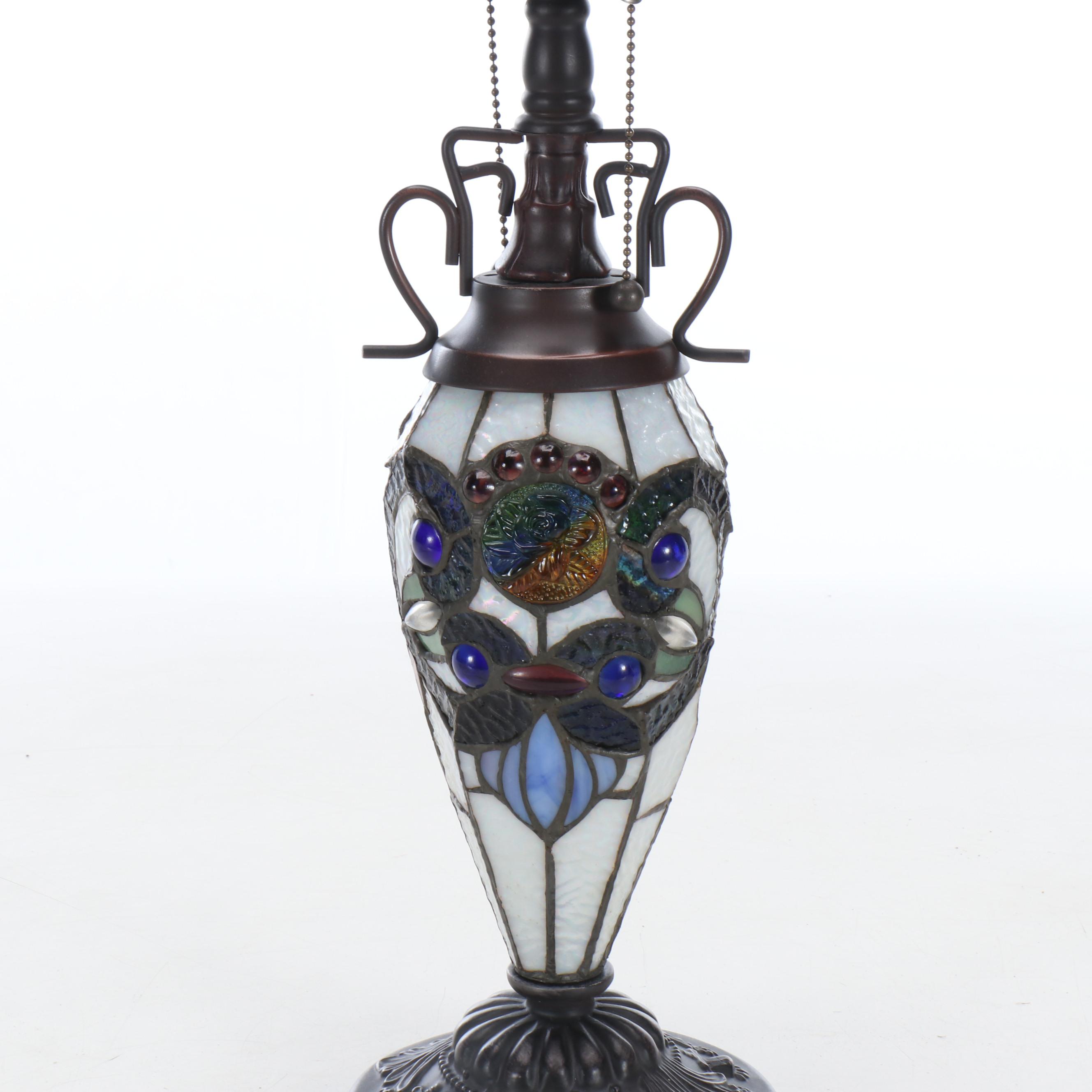 Victorian Style Slag Glass and Jeweled Table Lamp with Matching Shade, 21st C