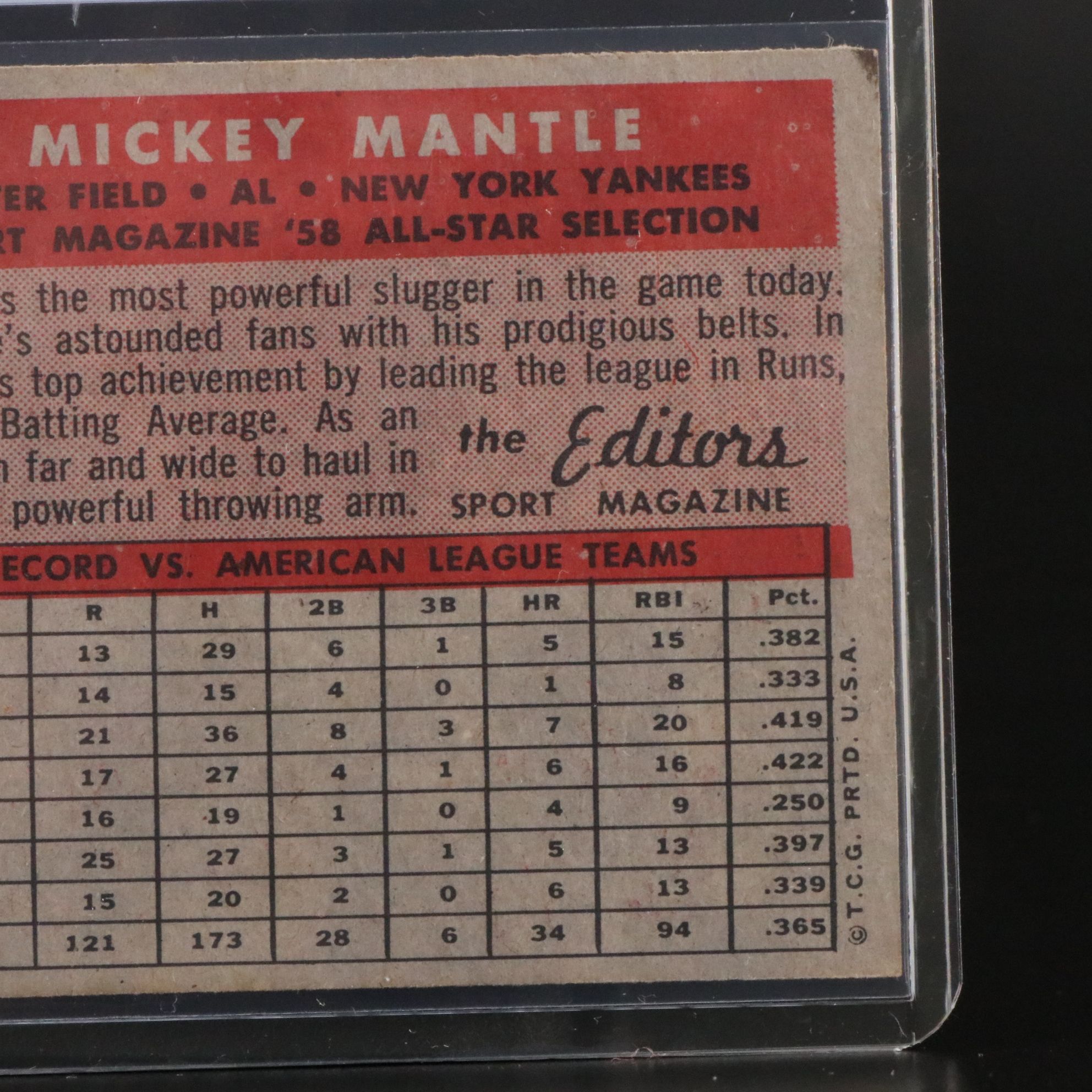 1958 Topps Mickey Mantle New York Yankees All-Star Baseball Card
