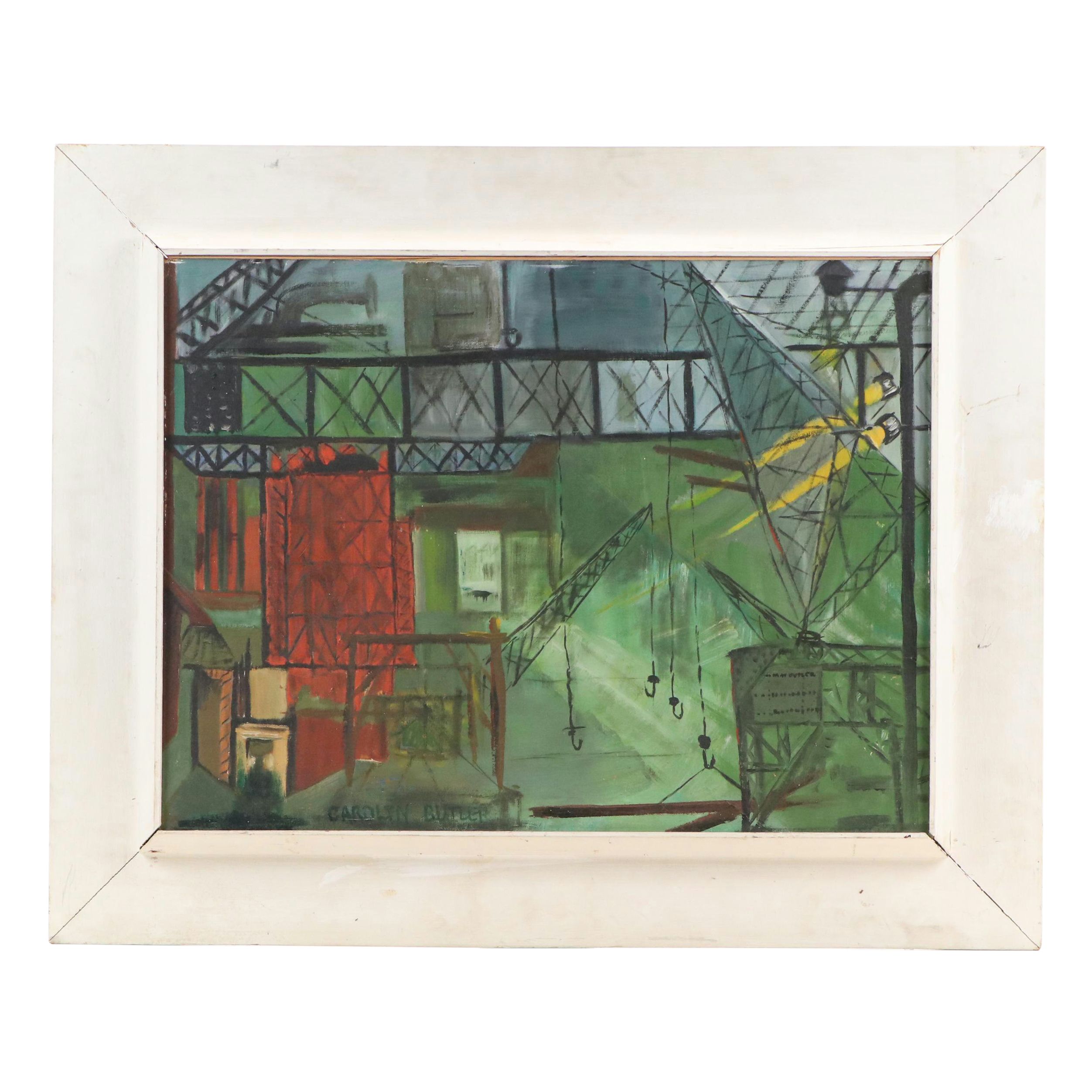 Carolyn Butler Oil Painting of Industrial Scene, Mid-20th Century