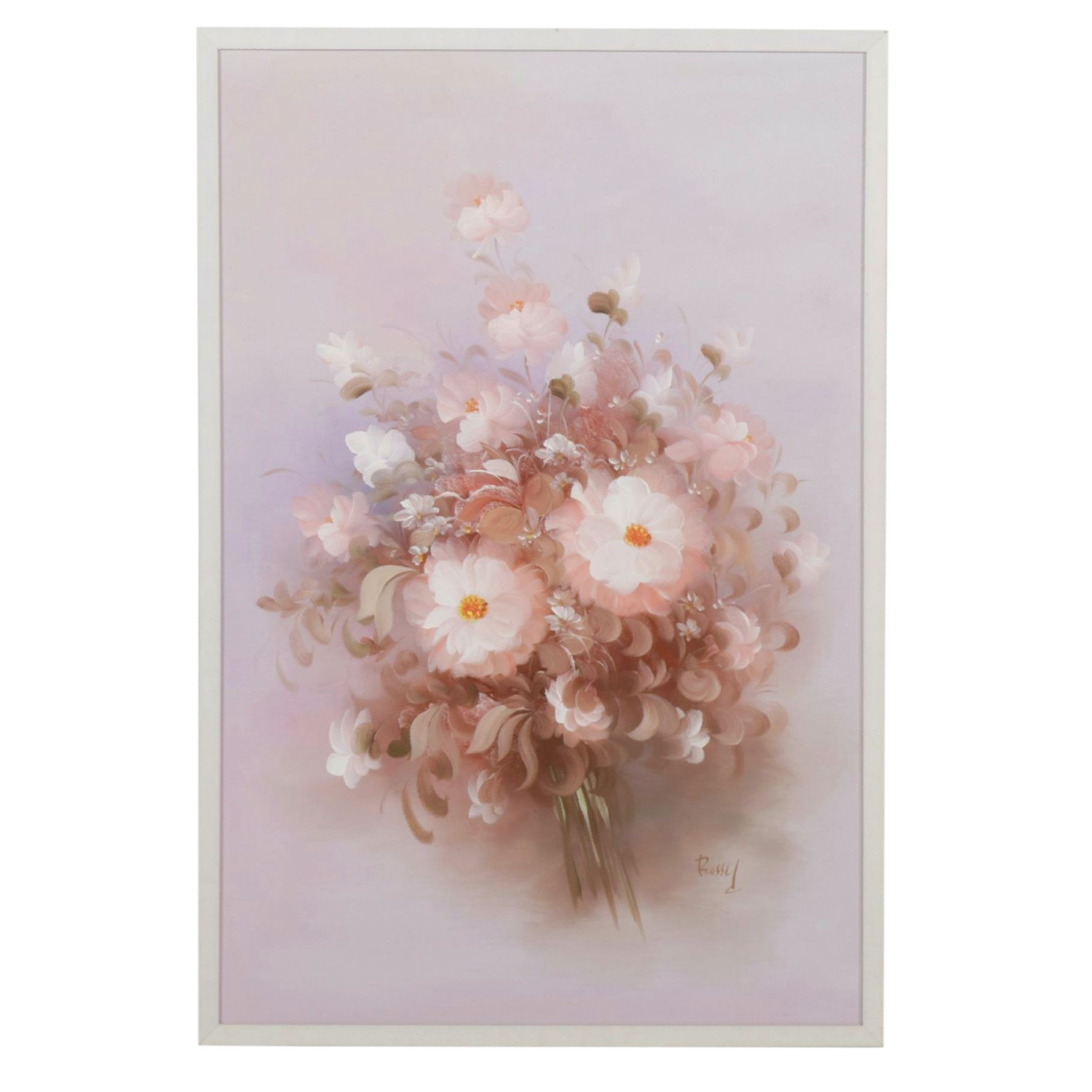 Rossy Still Life Soft Pastel Oil Painting of Flower Bouquet, Late 20th Century