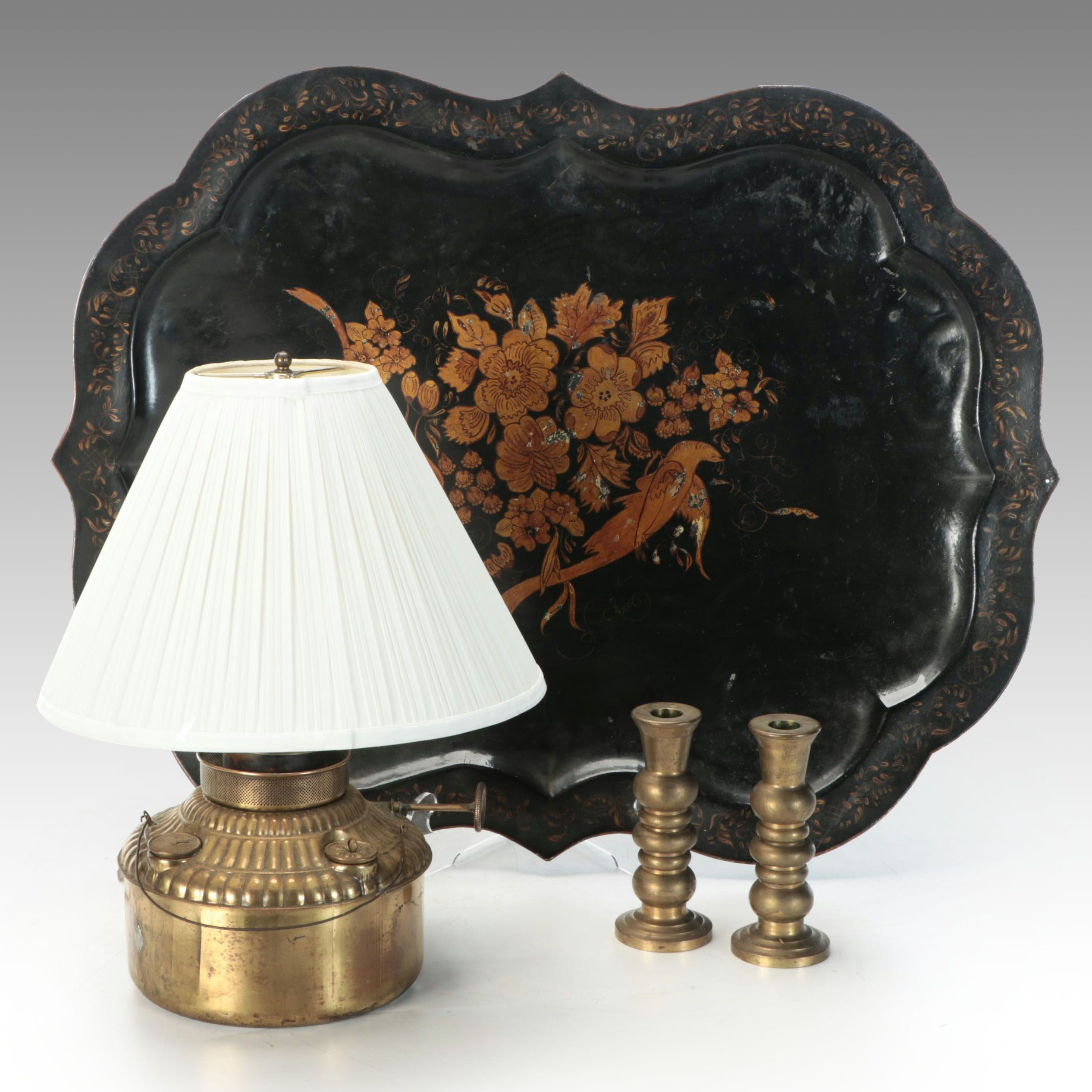 Converted Brass Oil Lamp and Candlesticks with Hand-Painted Tole Tray
