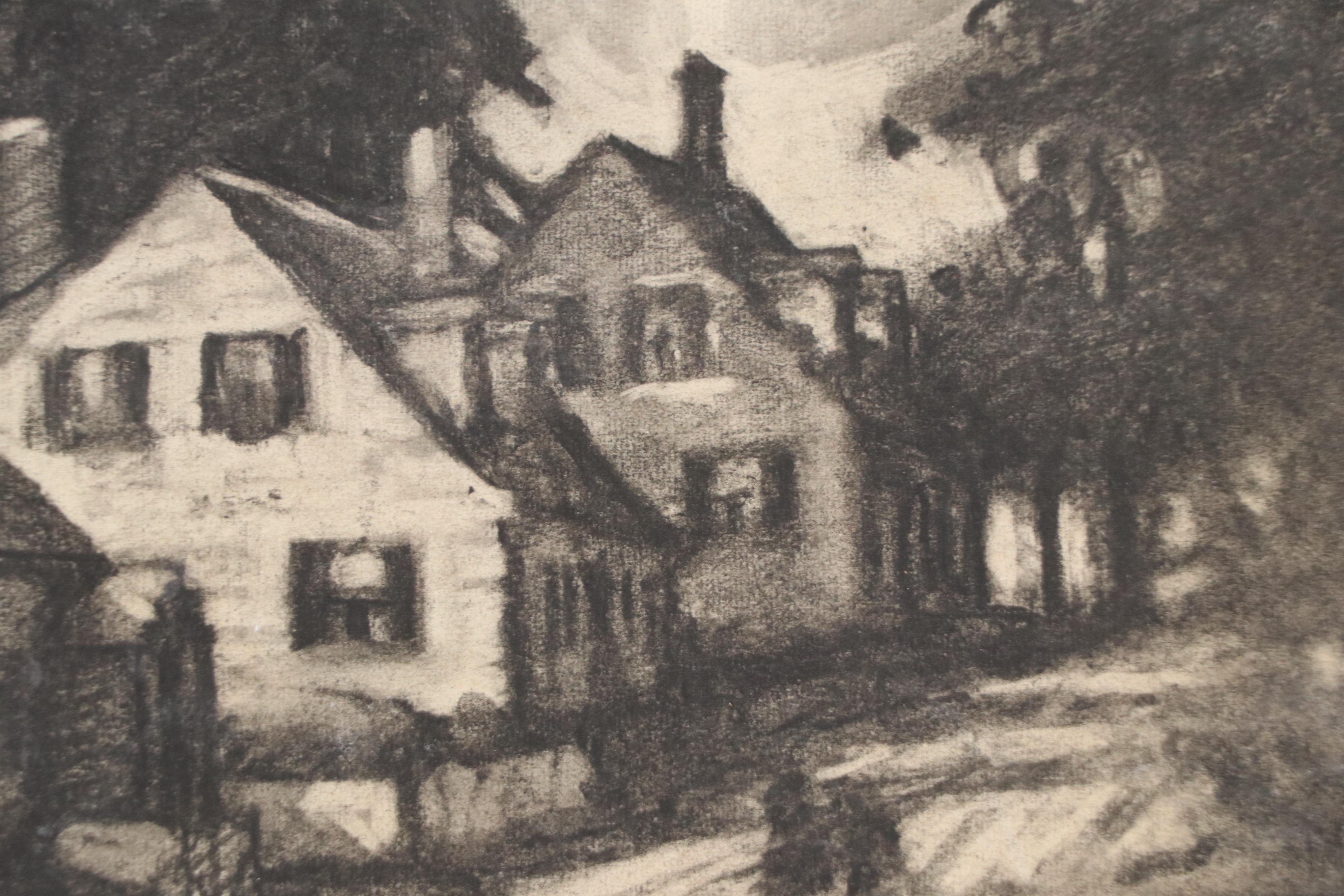 Kenneth G. Howard Street Scene Charcoal Drawing, 20th Century