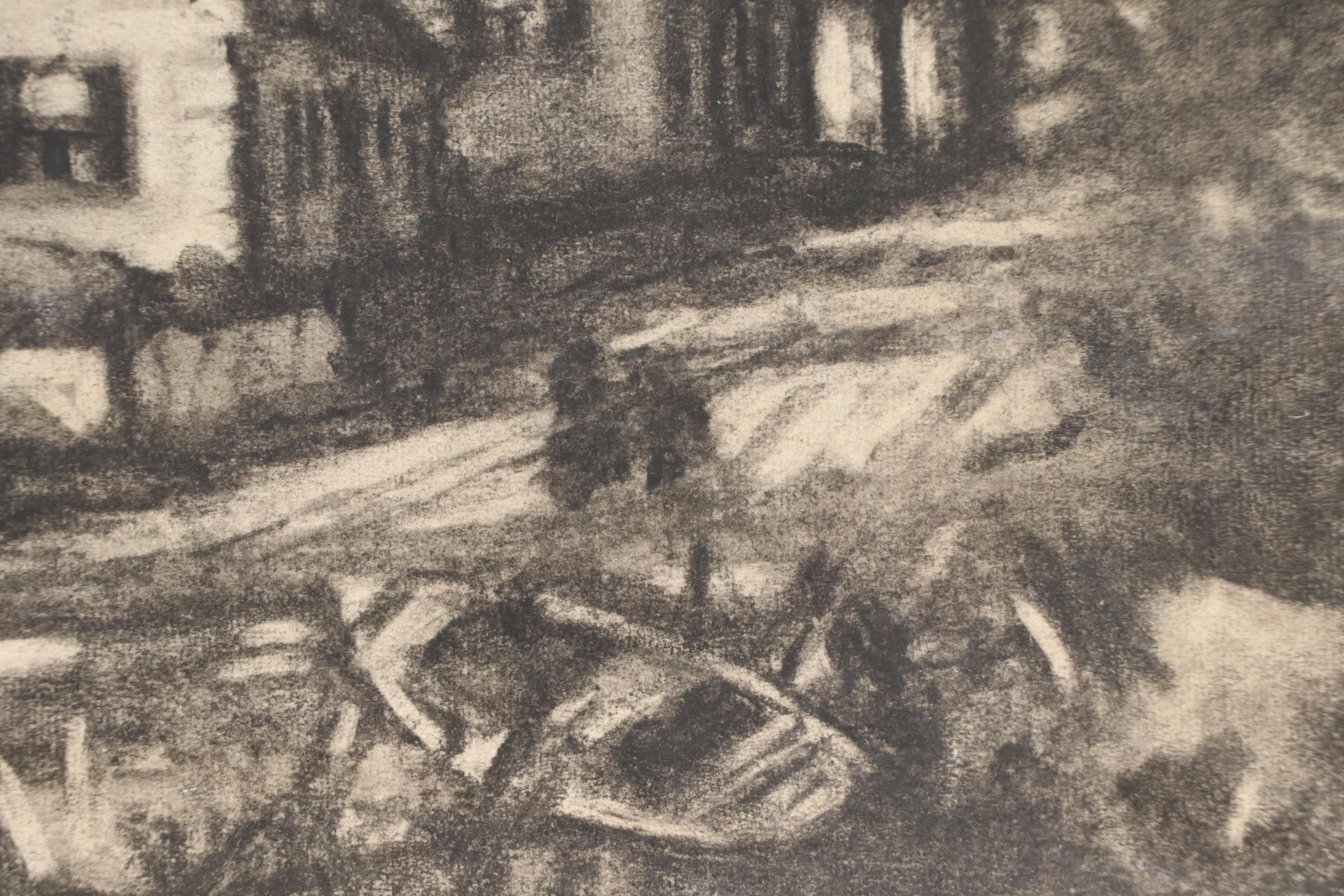 Kenneth G. Howard Street Scene Charcoal Drawing, 20th Century