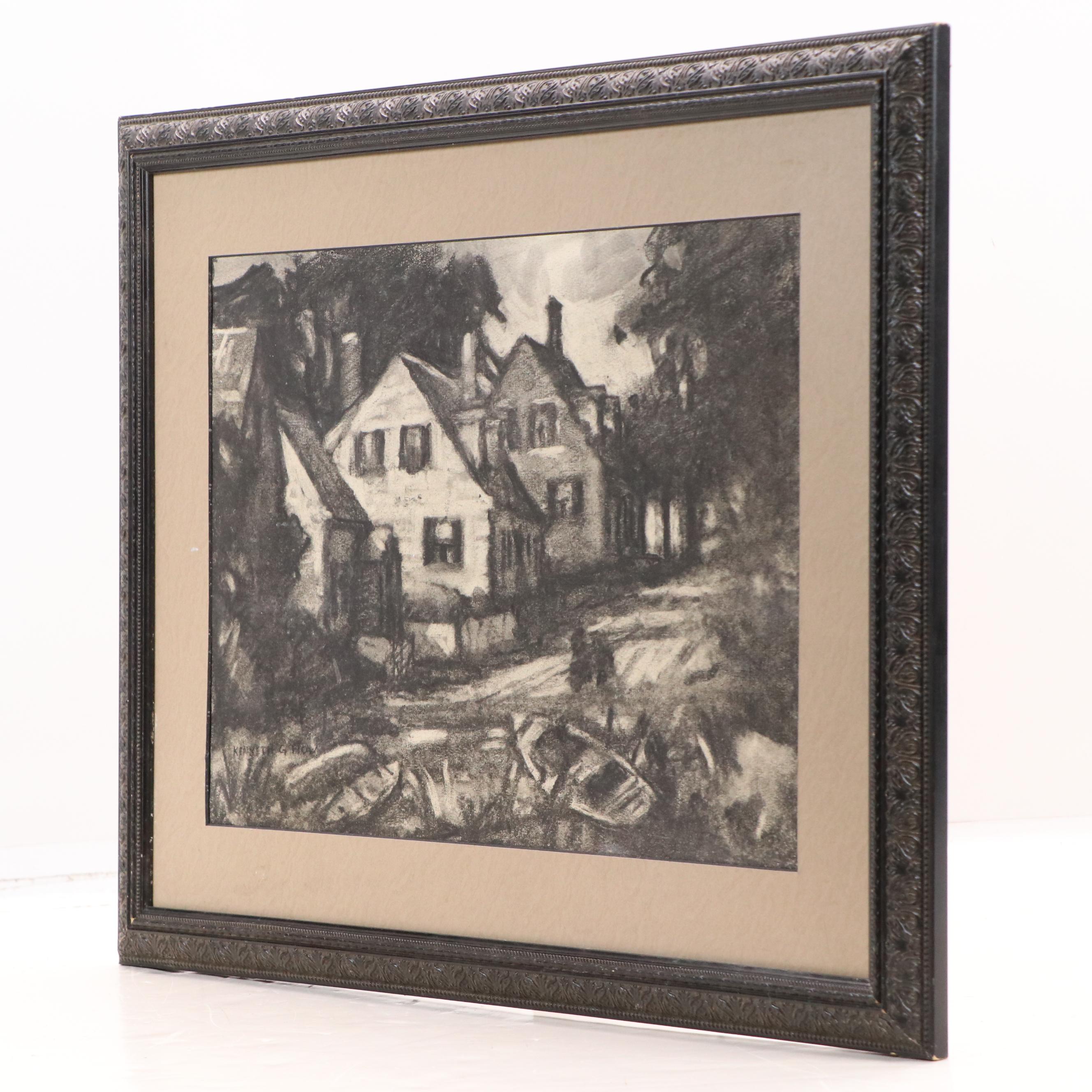 Kenneth G. Howard Street Scene Charcoal Drawing, 20th Century