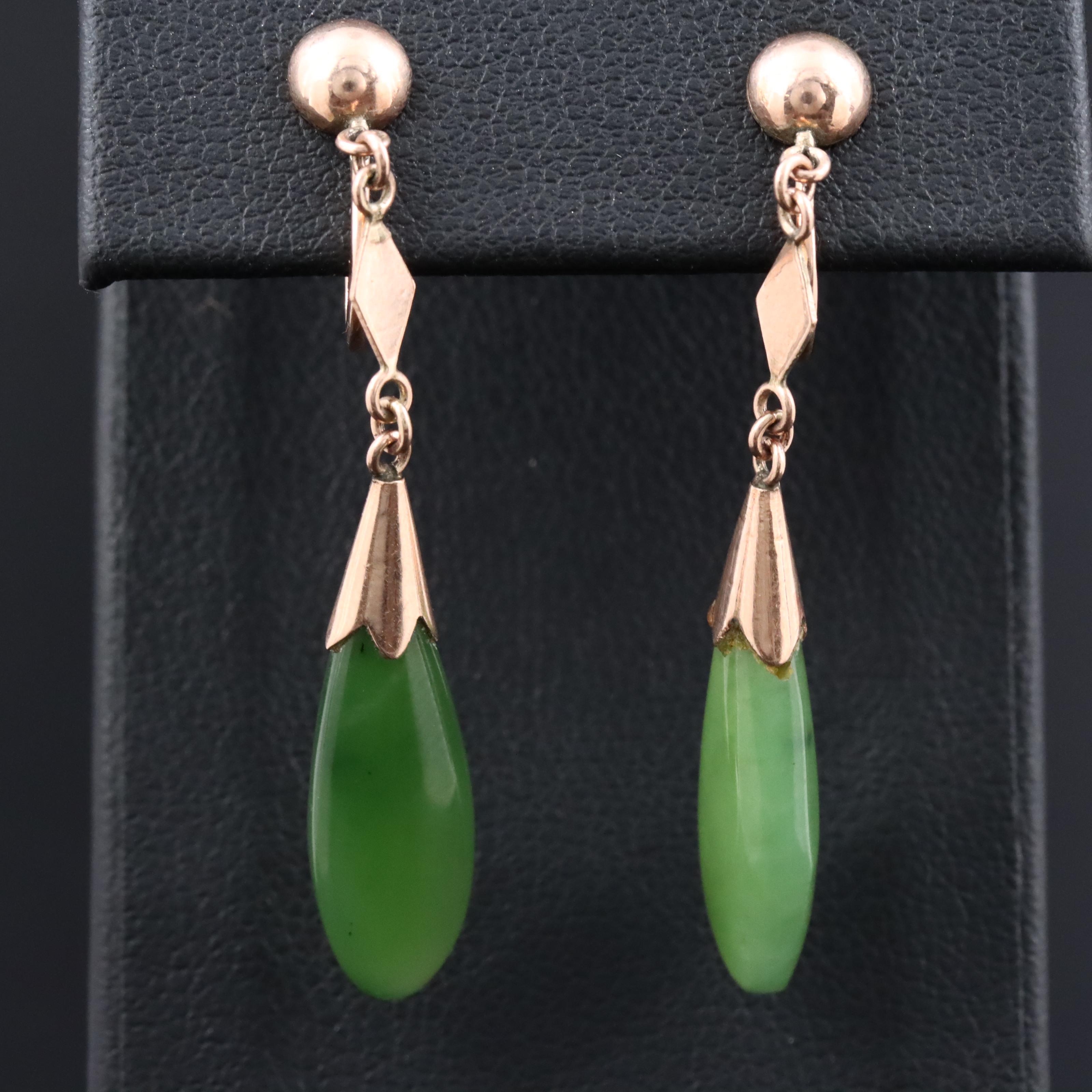 Vintage 10K Rose Gold Nephrite Drop Earrings
