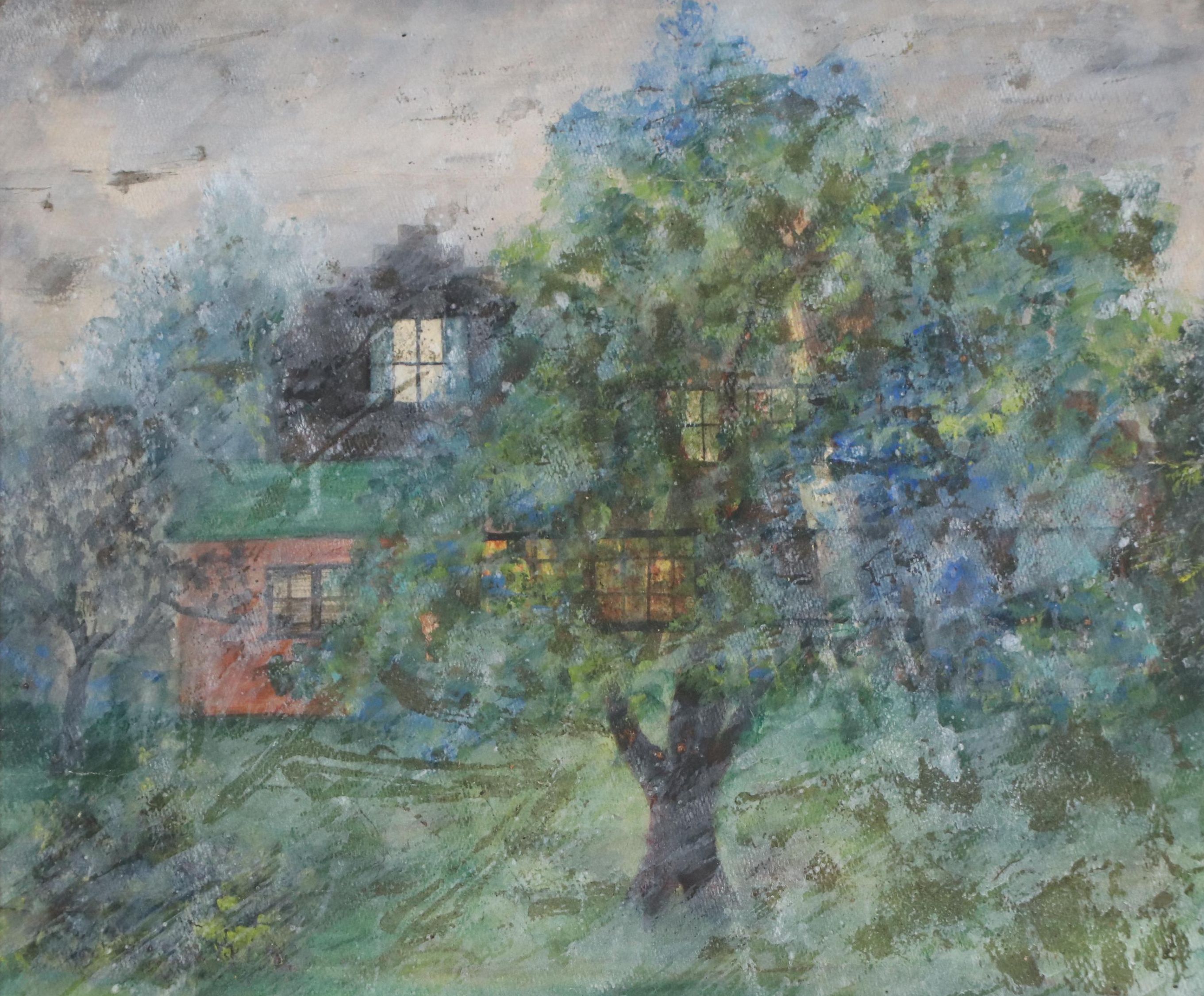 American School Landscape Watercolor Painting of House with Tree, 20th Century