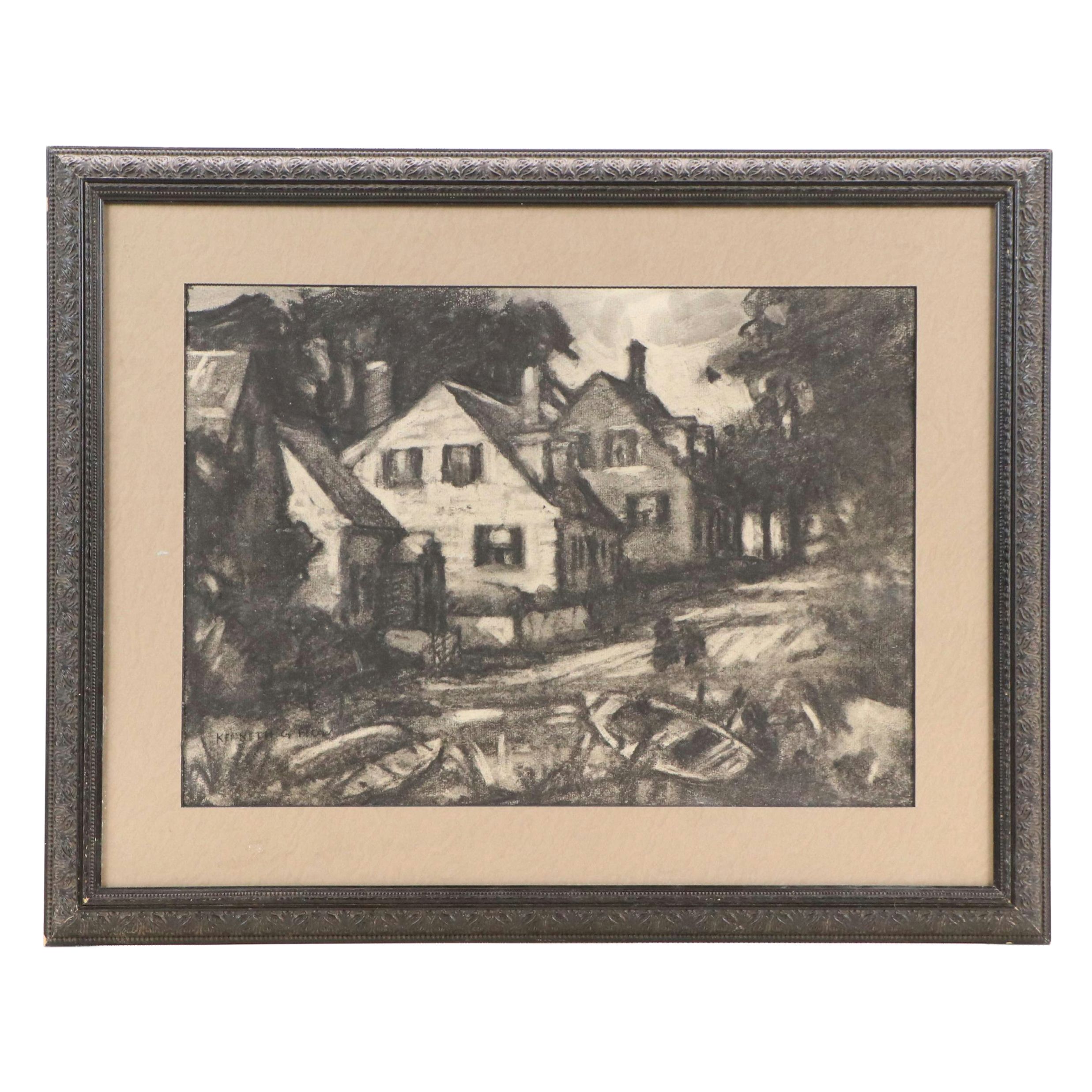 Kenneth G. Howard Street Scene Charcoal Drawing, 20th Century