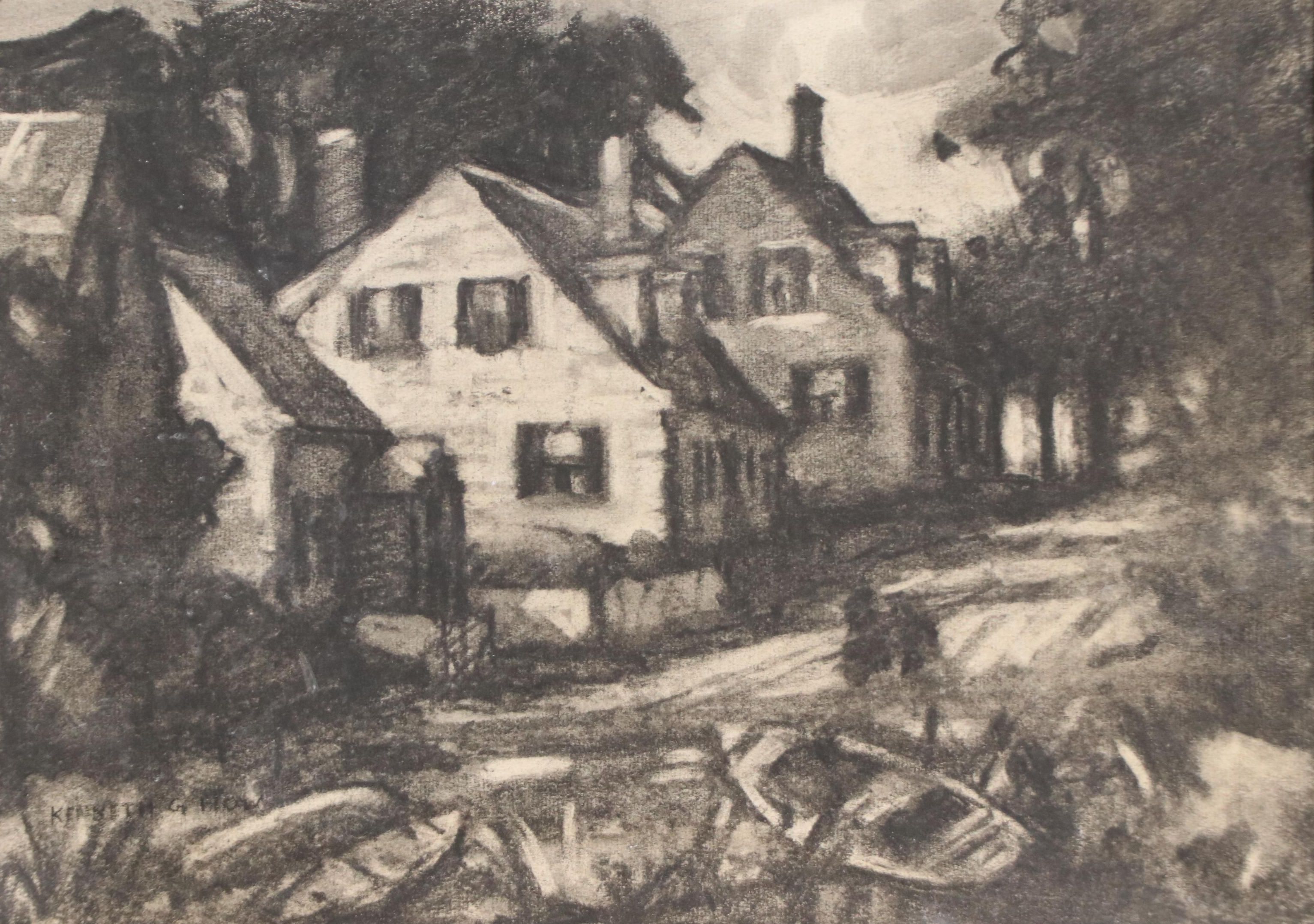 Kenneth G. Howard Street Scene Charcoal Drawing, 20th Century