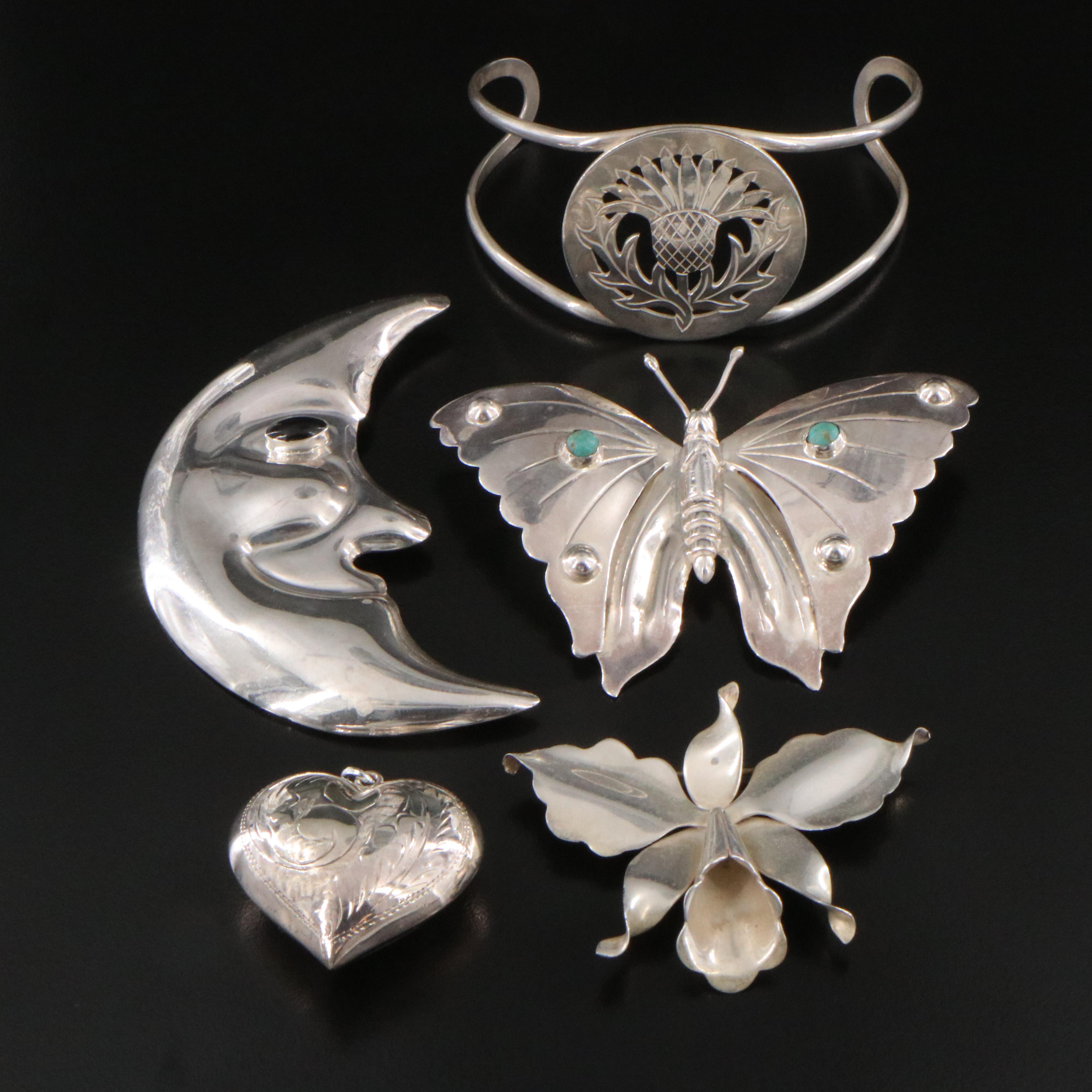 Sterling Turquoise and Faux Black Onyx Pendant, Brooches and Cuff Bracelet