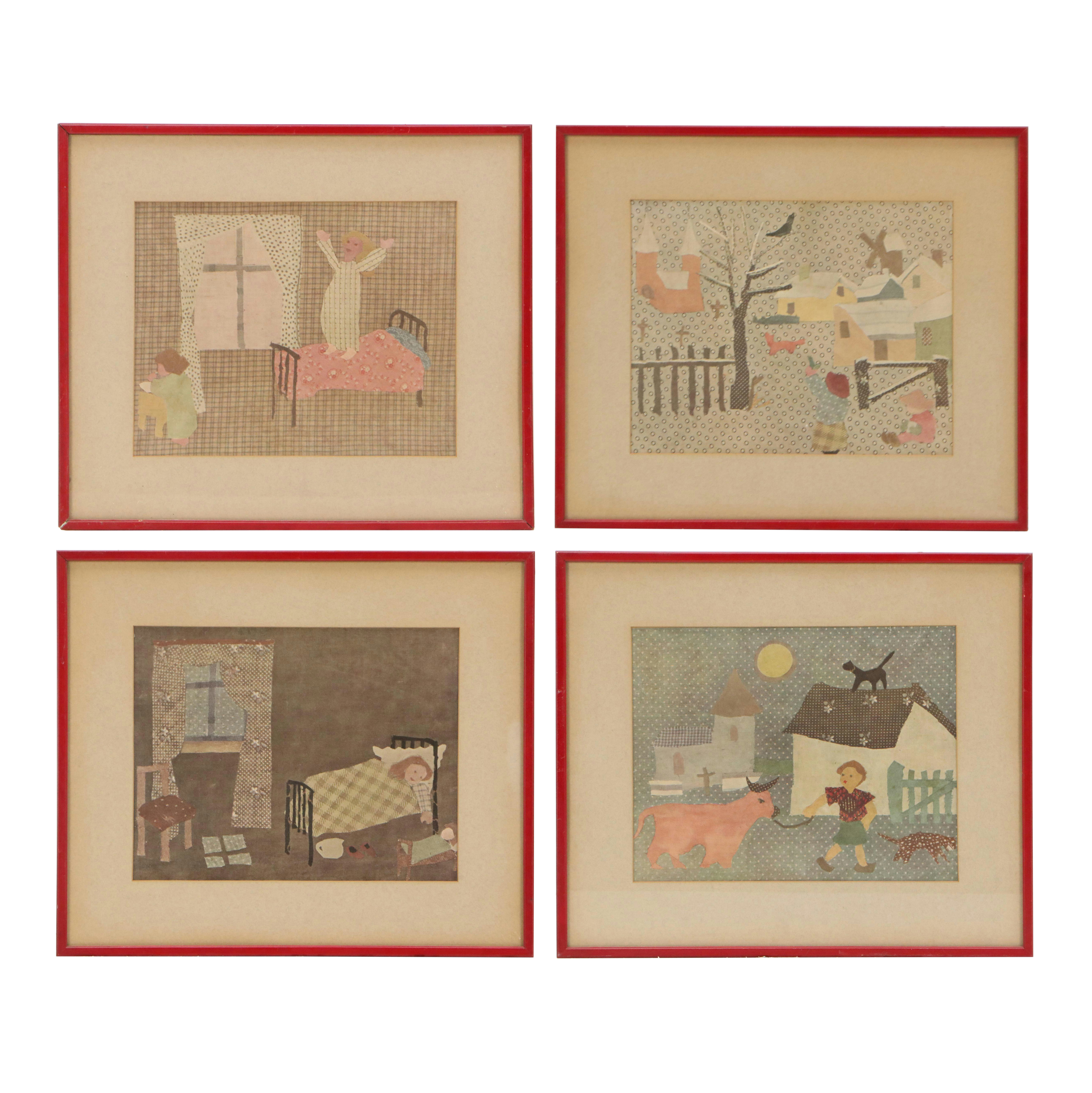 Offset Lithographs of Folk Art Textile Collages, Late 20th Century