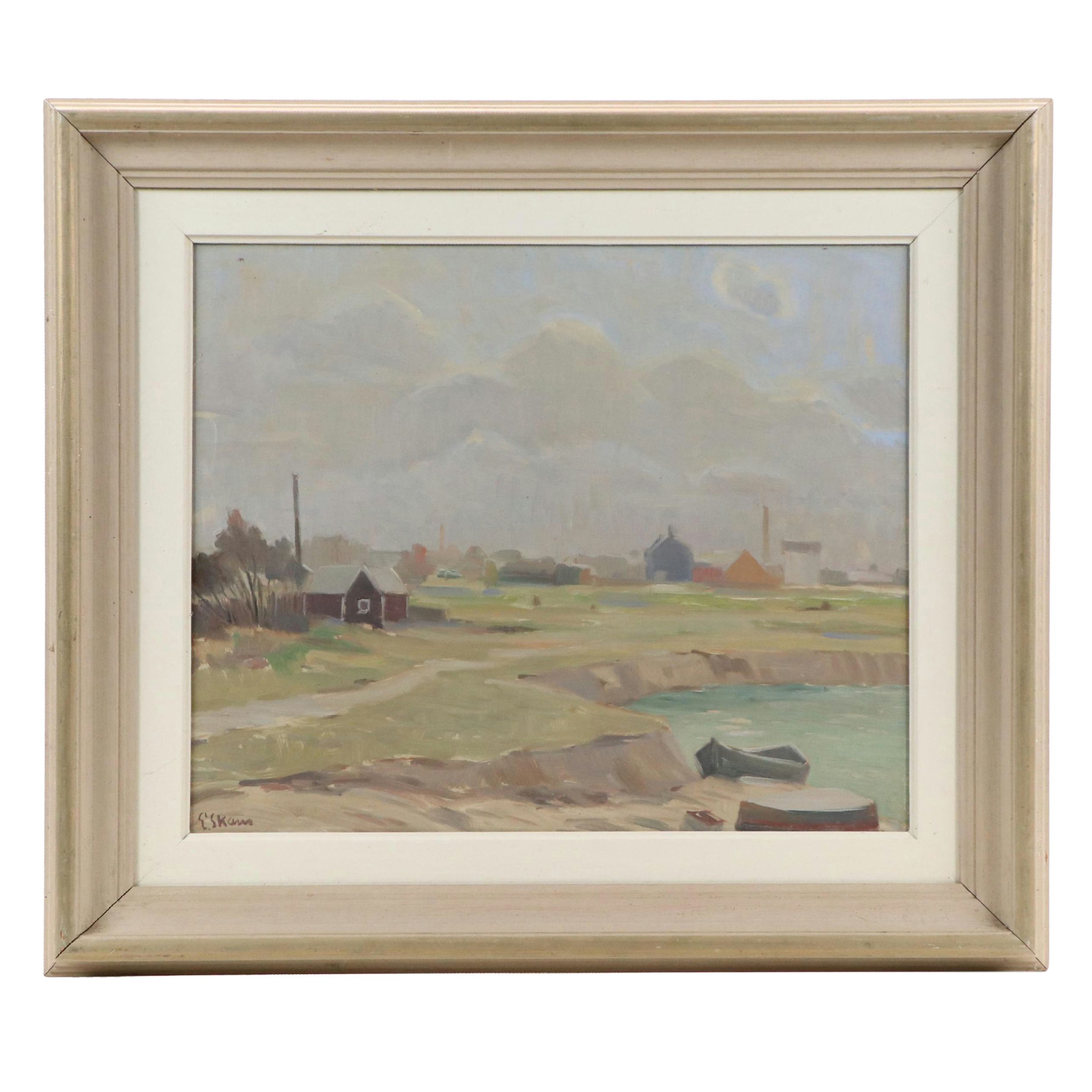 Townscape Oil Painting of Cottages Along Shoreline, Mid-20th Century