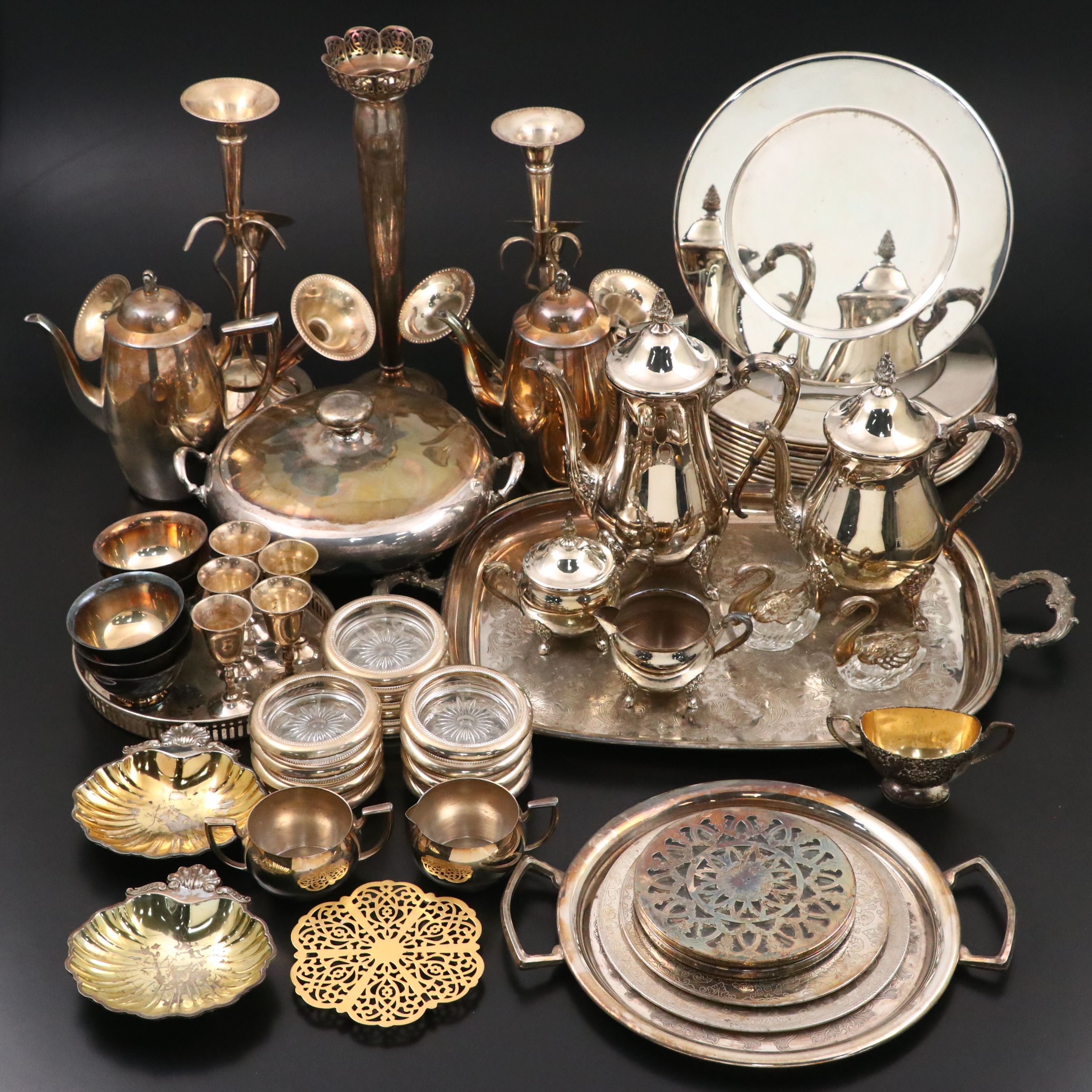 Silver Plate Epergnes, Tea Sets, Trivets, Chargers and Other Silver Plate