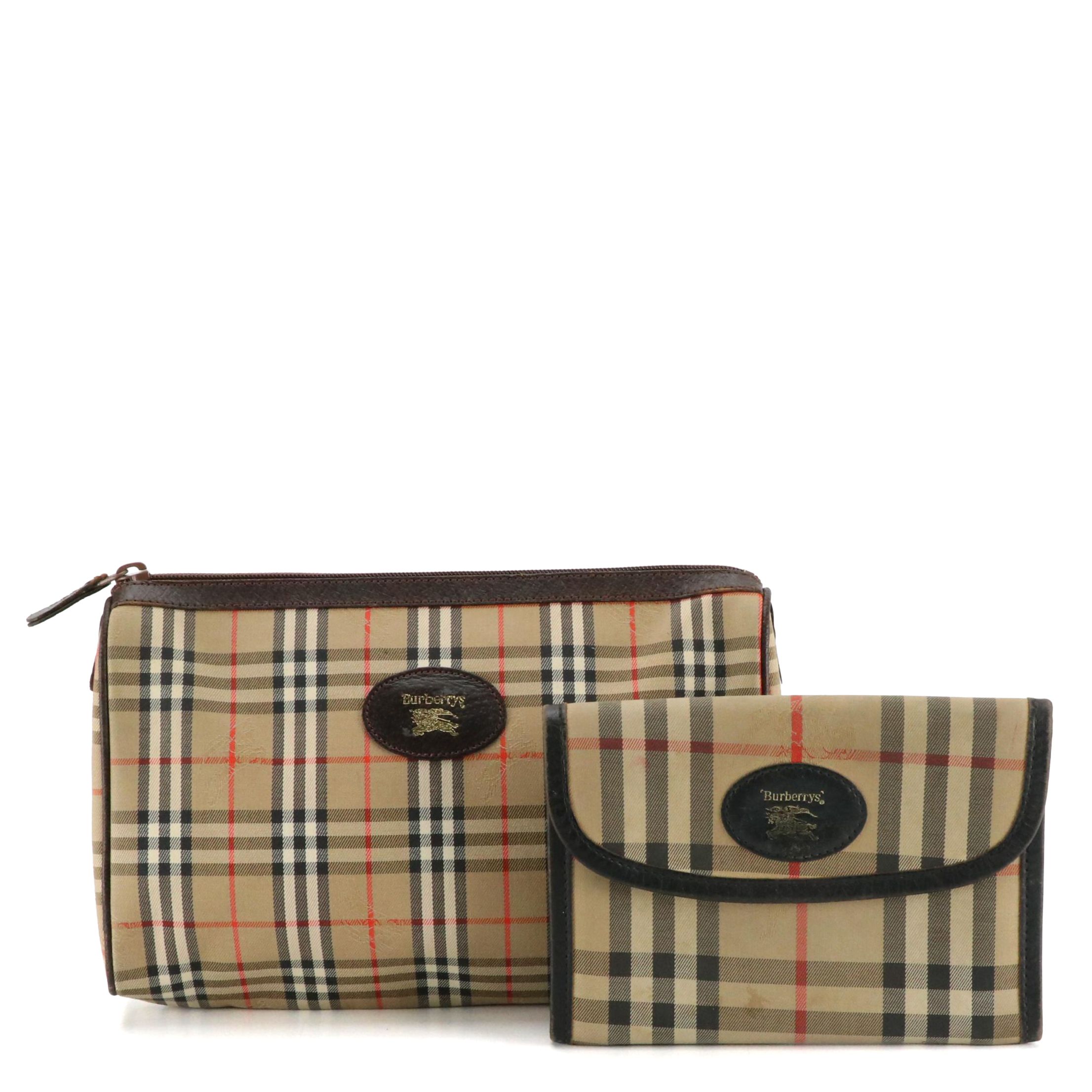 Burberrys Haymarket Check and Leather Zip Pouch and Snap Wallet