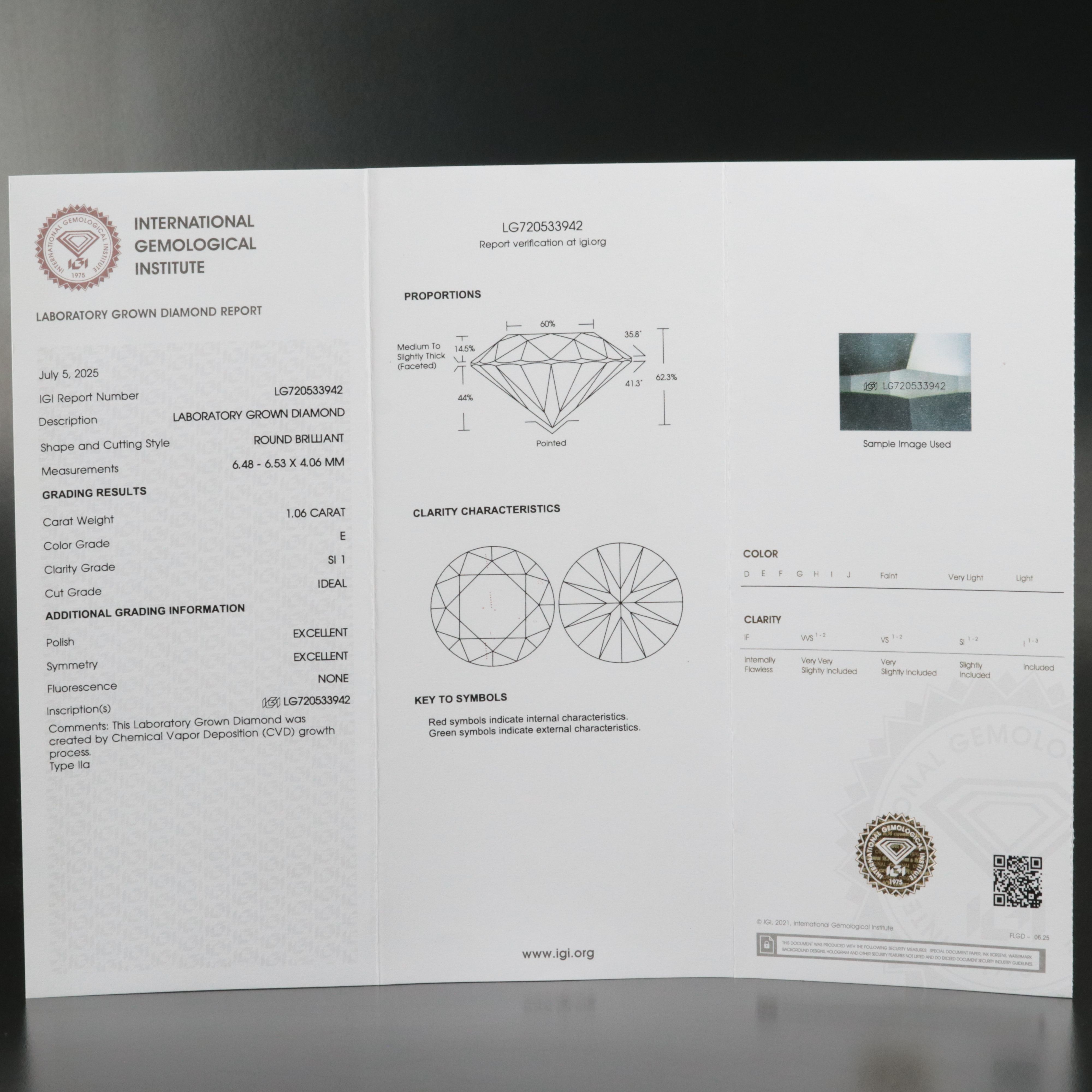 Loose 1.06 CT Lab Grown Diamond with IGI Report