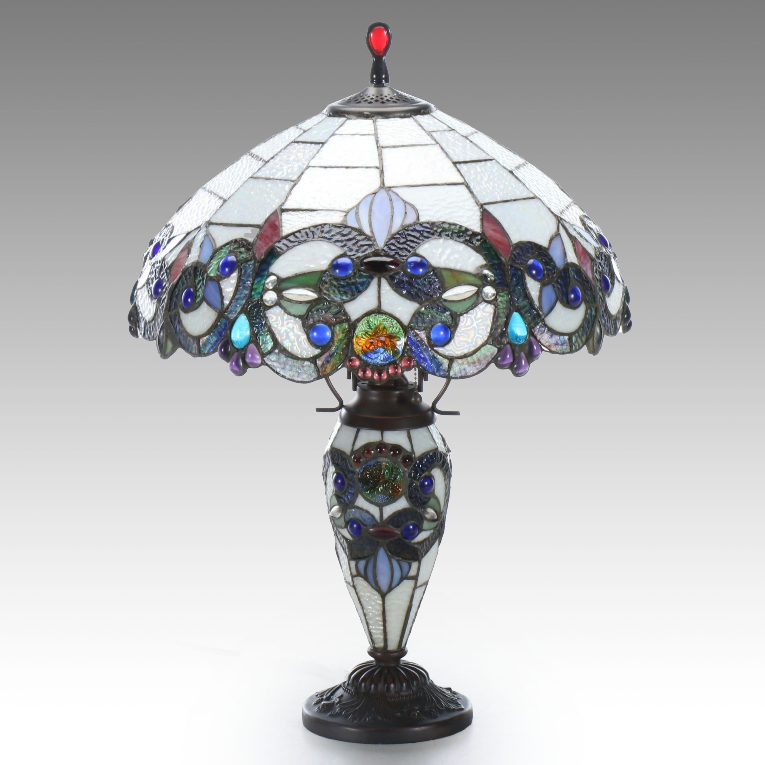 Victorian Style Slag Glass and Jeweled Table Lamp with Matching Shade, 21st C