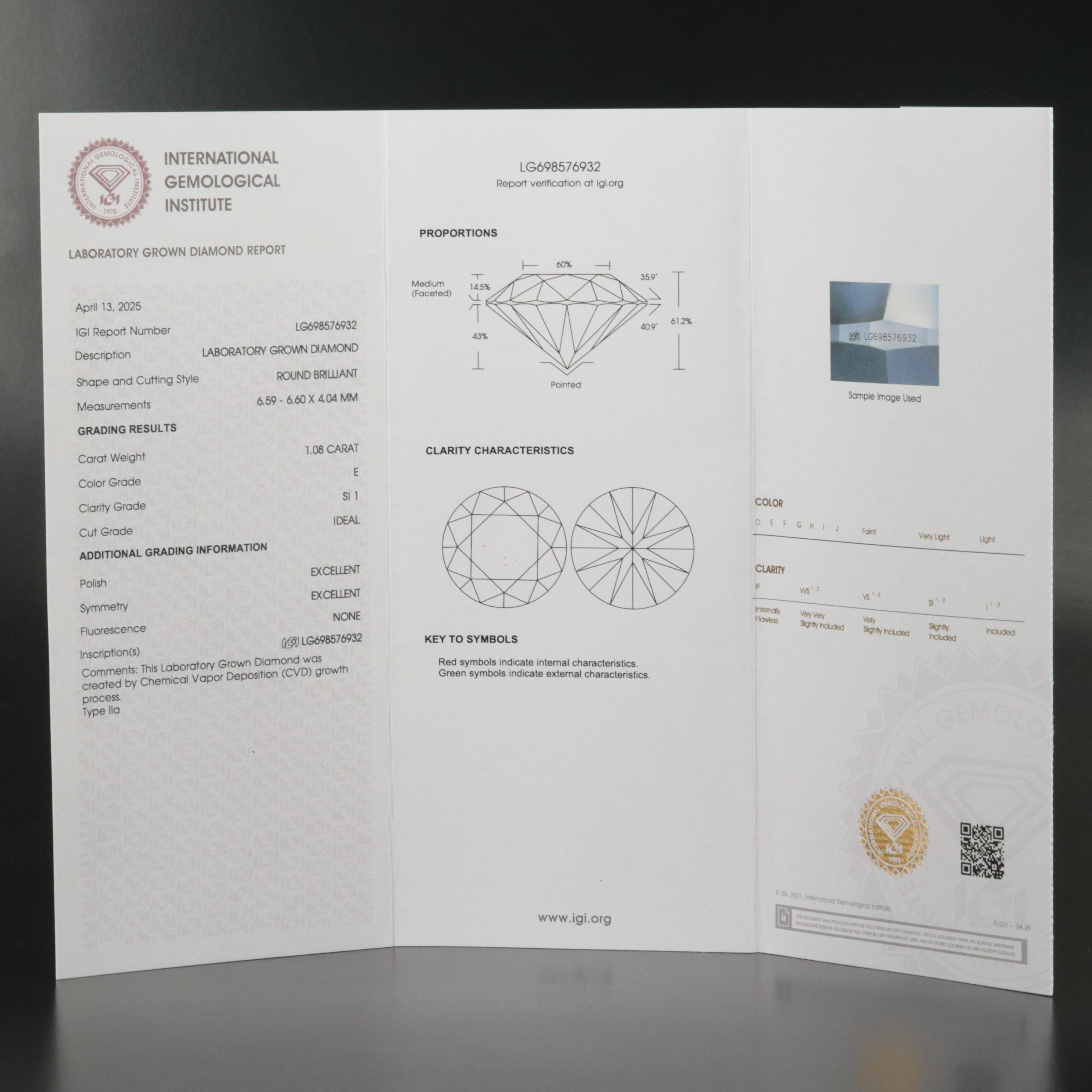 Loose 1.08 CT Lab Grown Diamond with IGI Report