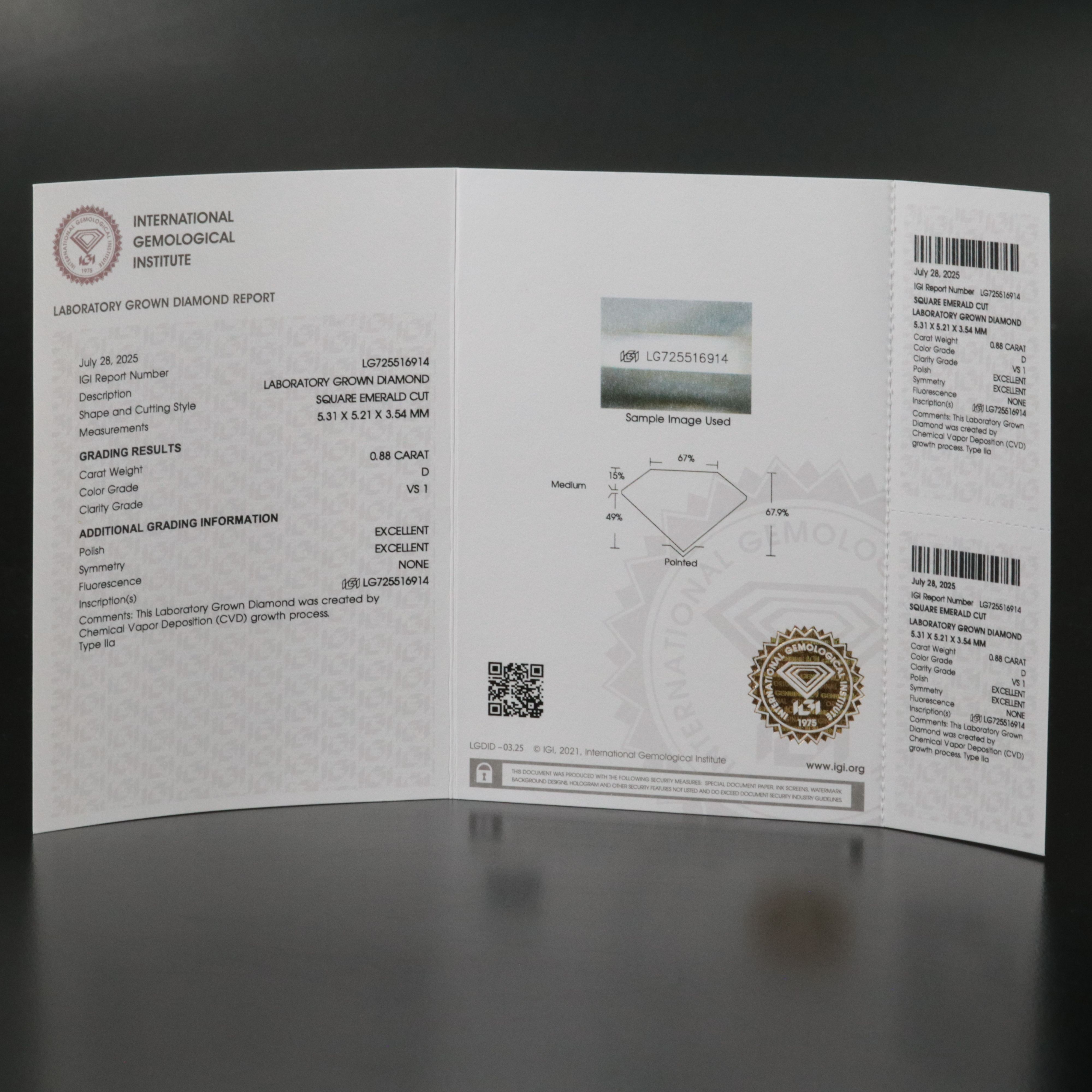 Loose 0.88 CT Lab Grown Diamond with IGI Report