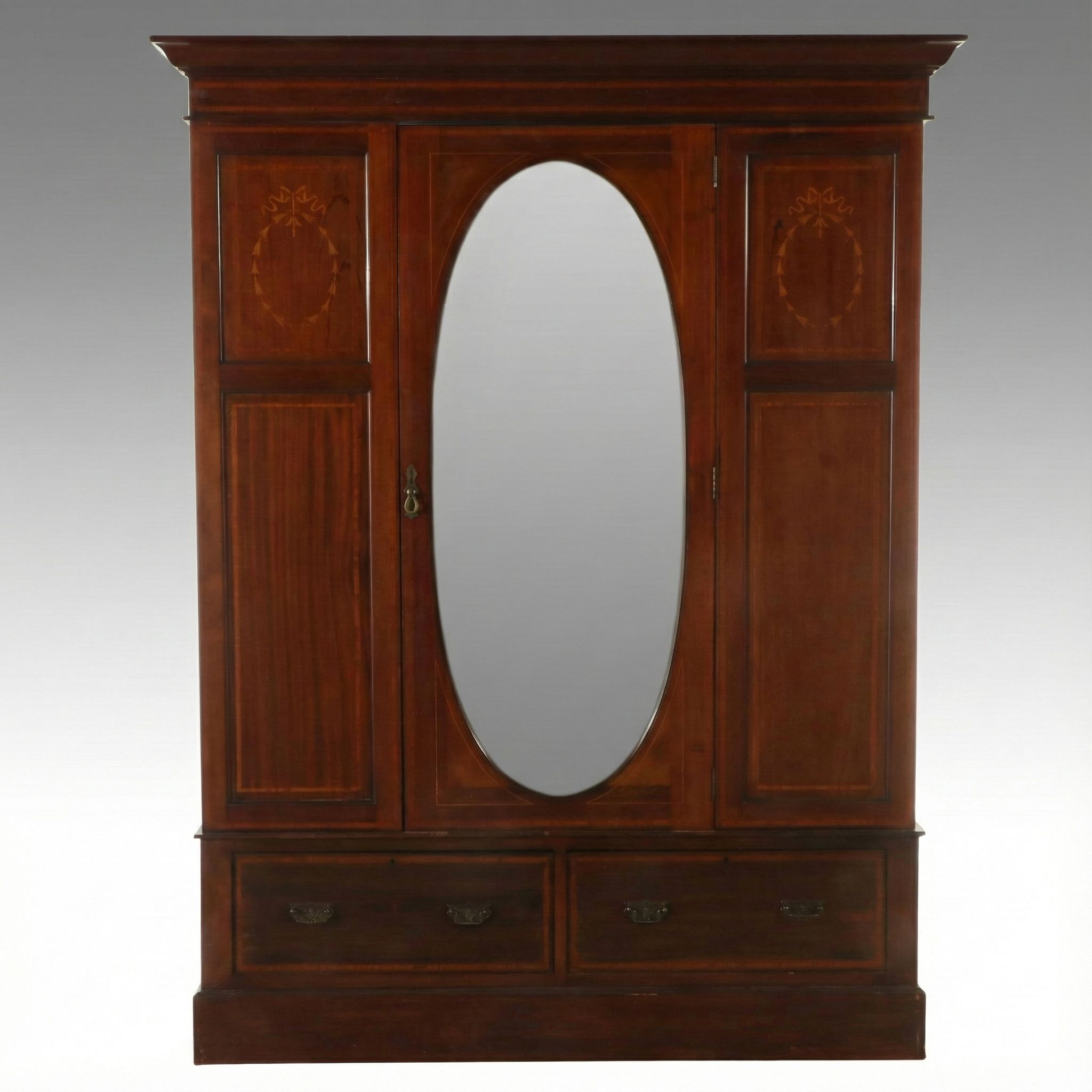 Edwardian Marquetry Inlaid Mahogany Wardrobe with Mirror, Early 20th Century