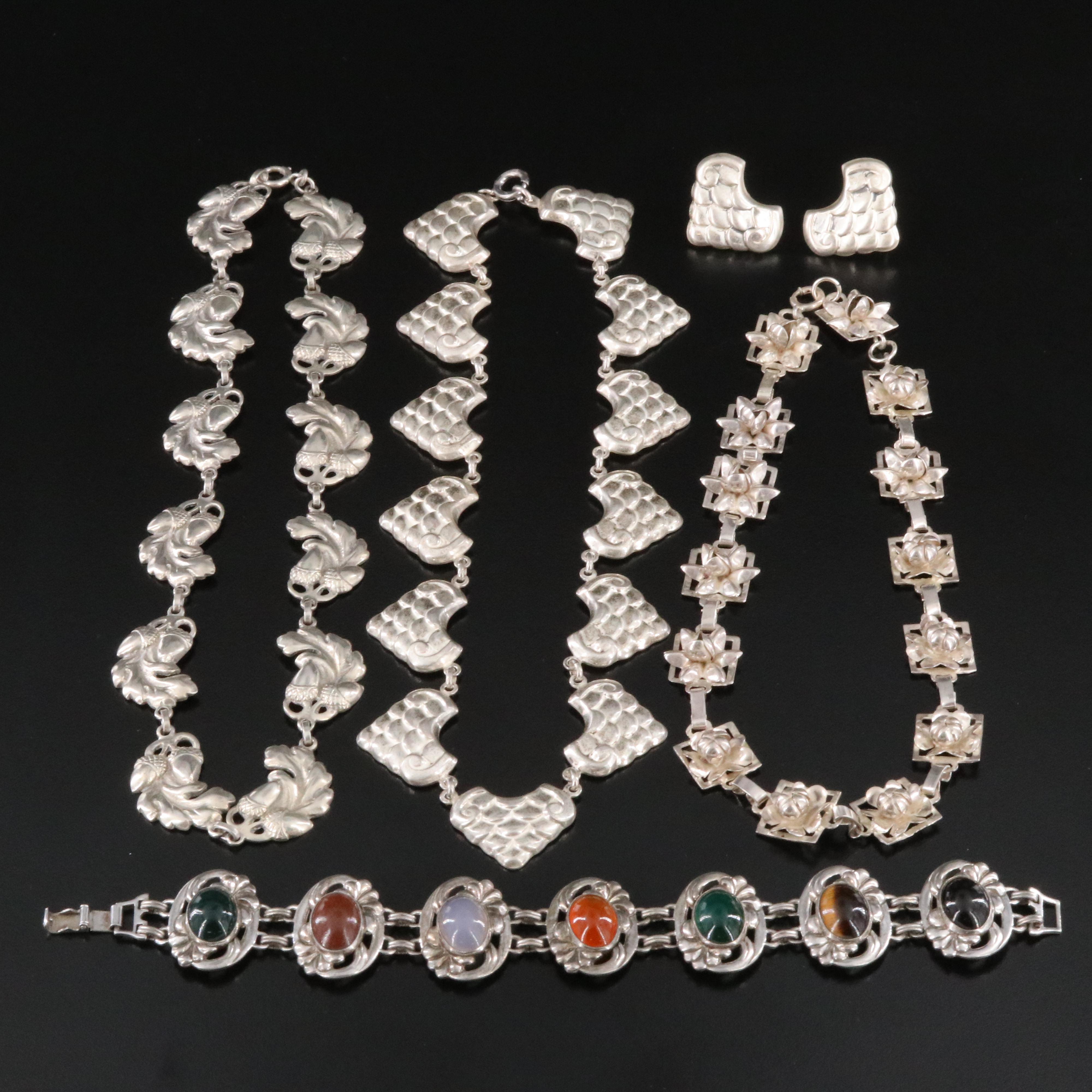 Sterling Necklaces, Earrings and Bracelet Including Tiger's Eye and Carnelian