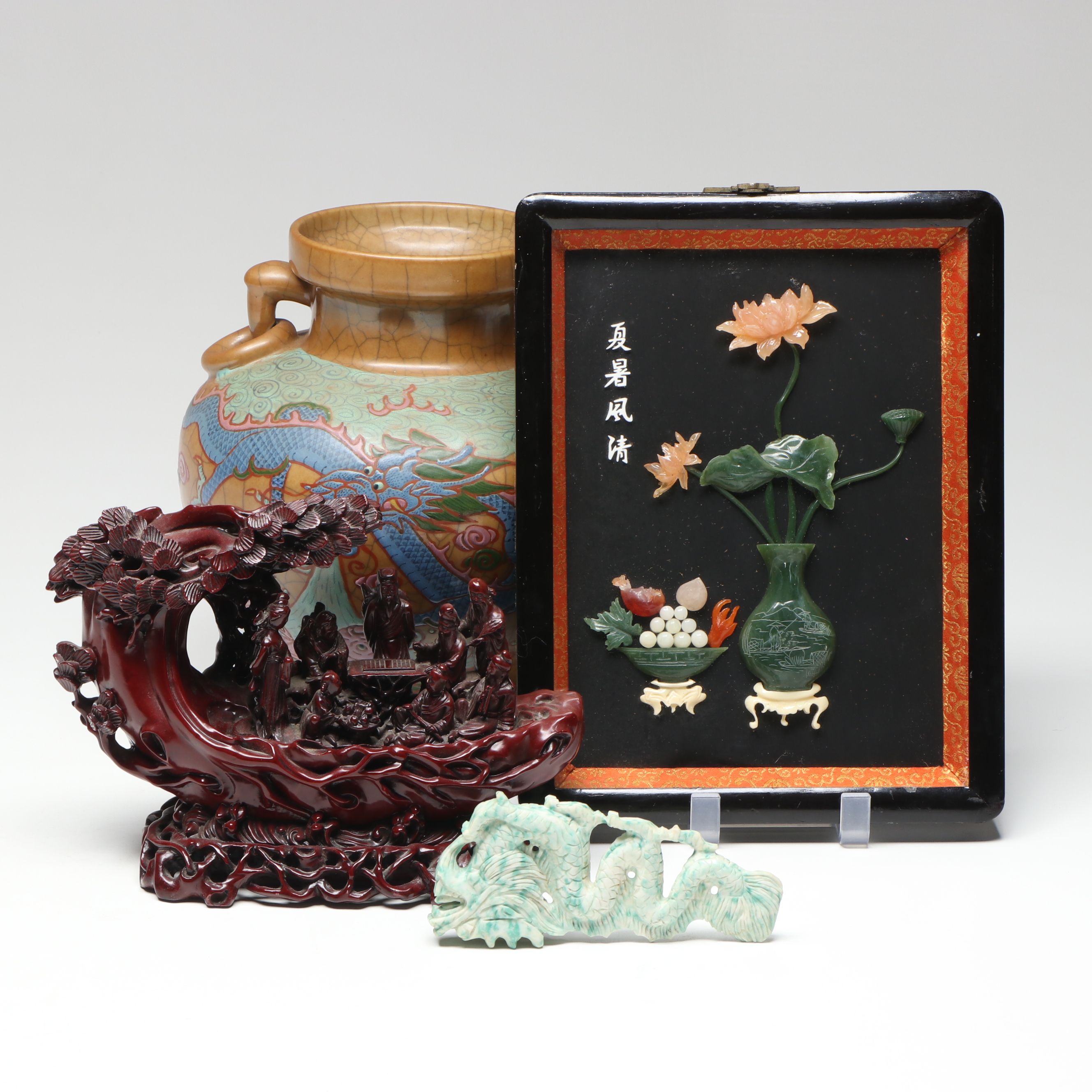 Chinese Hand-Painted Vase with Framed Glass Flowers and Other Figures