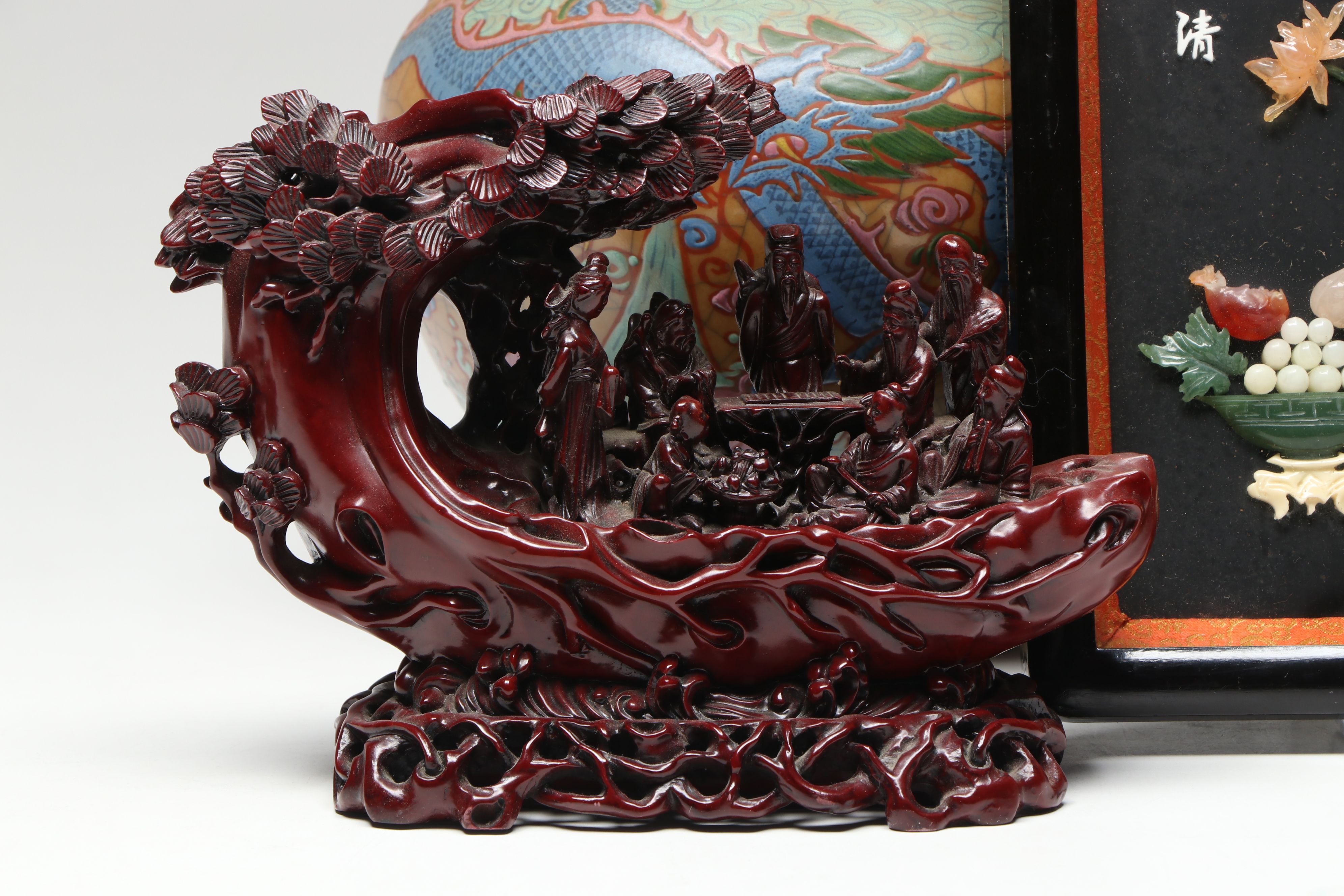 Chinese Hand-Painted Vase with Framed Glass Flowers and Other Figures