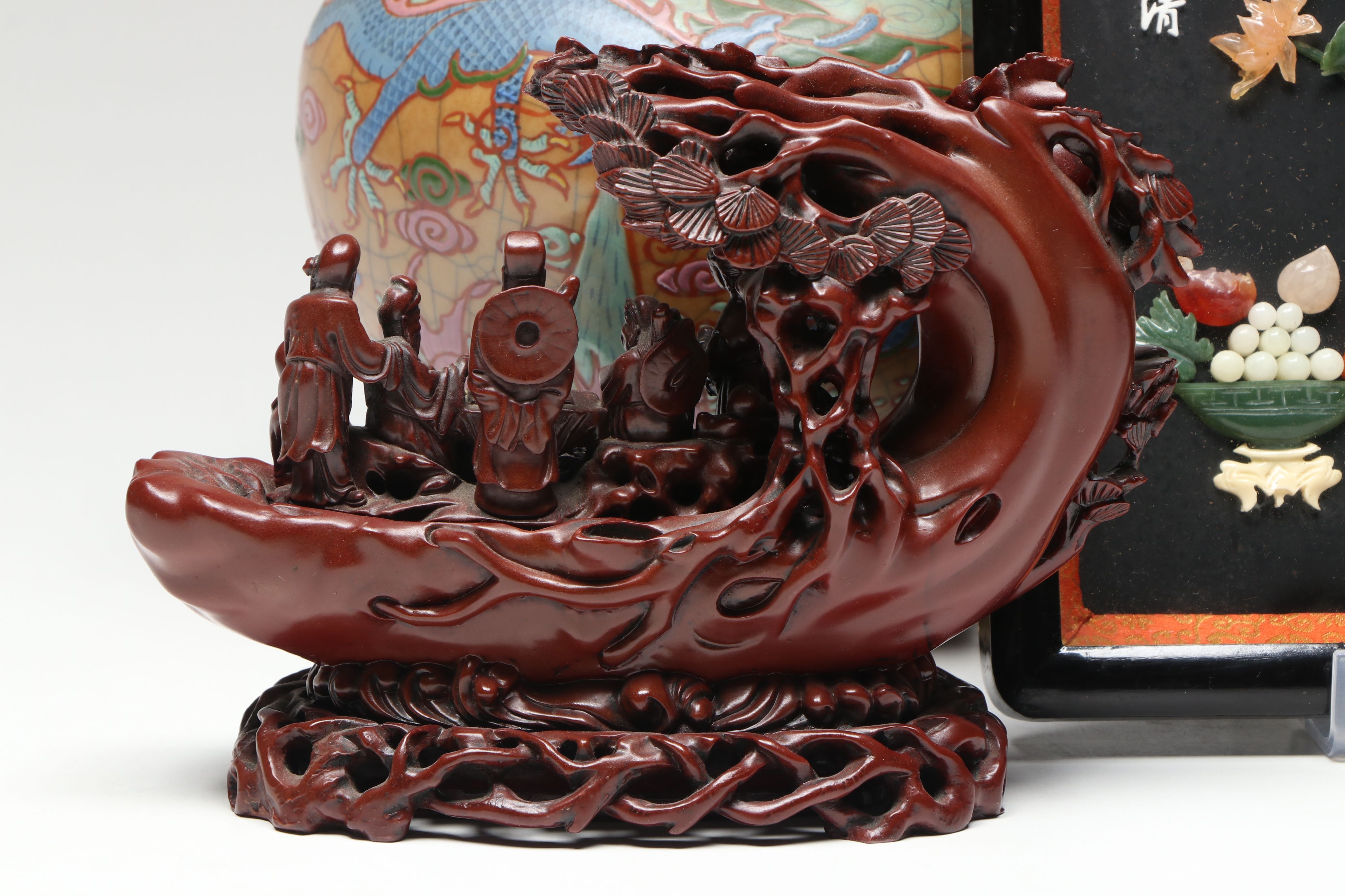 Chinese Hand-Painted Vase with Framed Glass Flowers and Other Figures