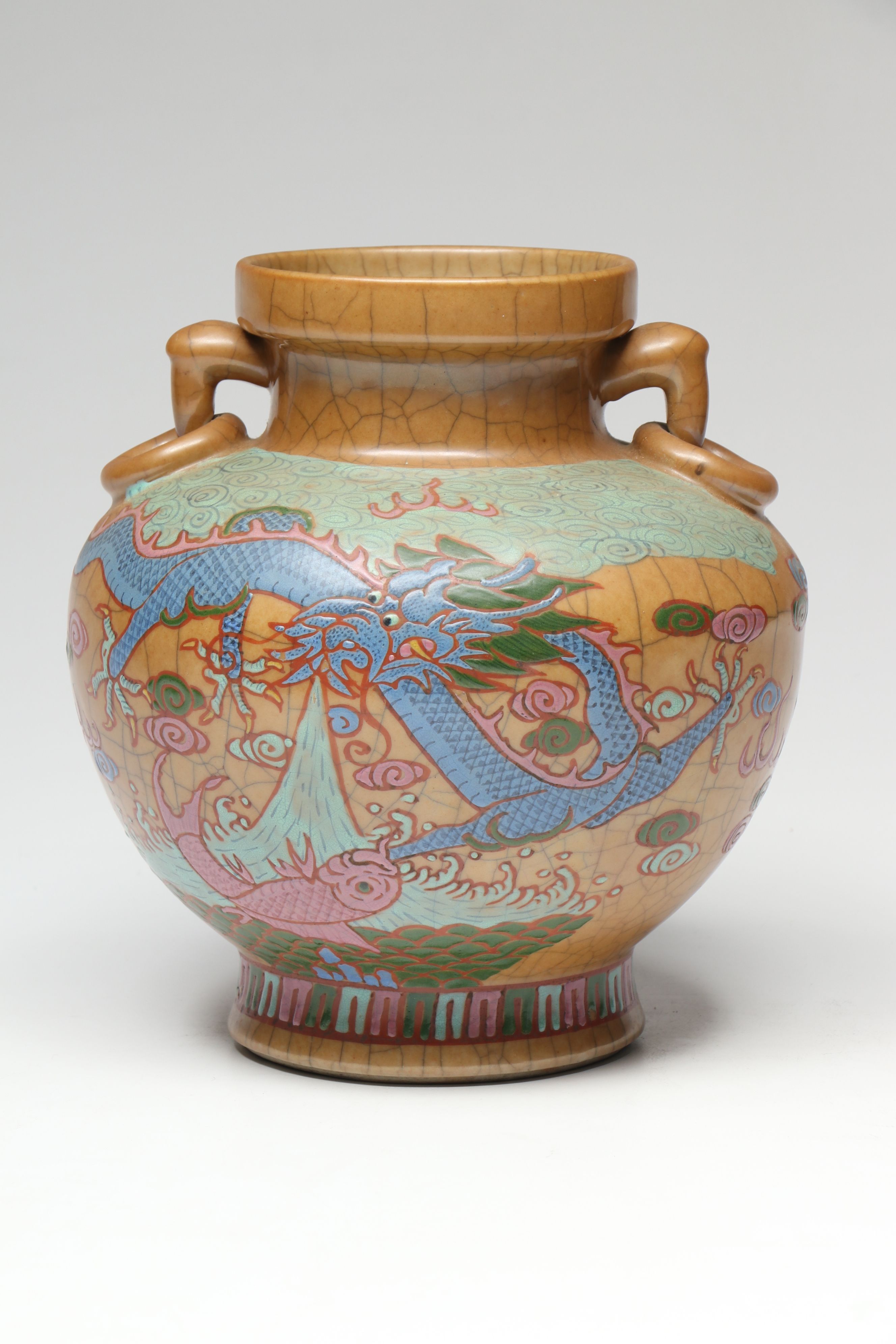 Chinese Hand-Painted Vase with Framed Glass Flowers and Other Figures