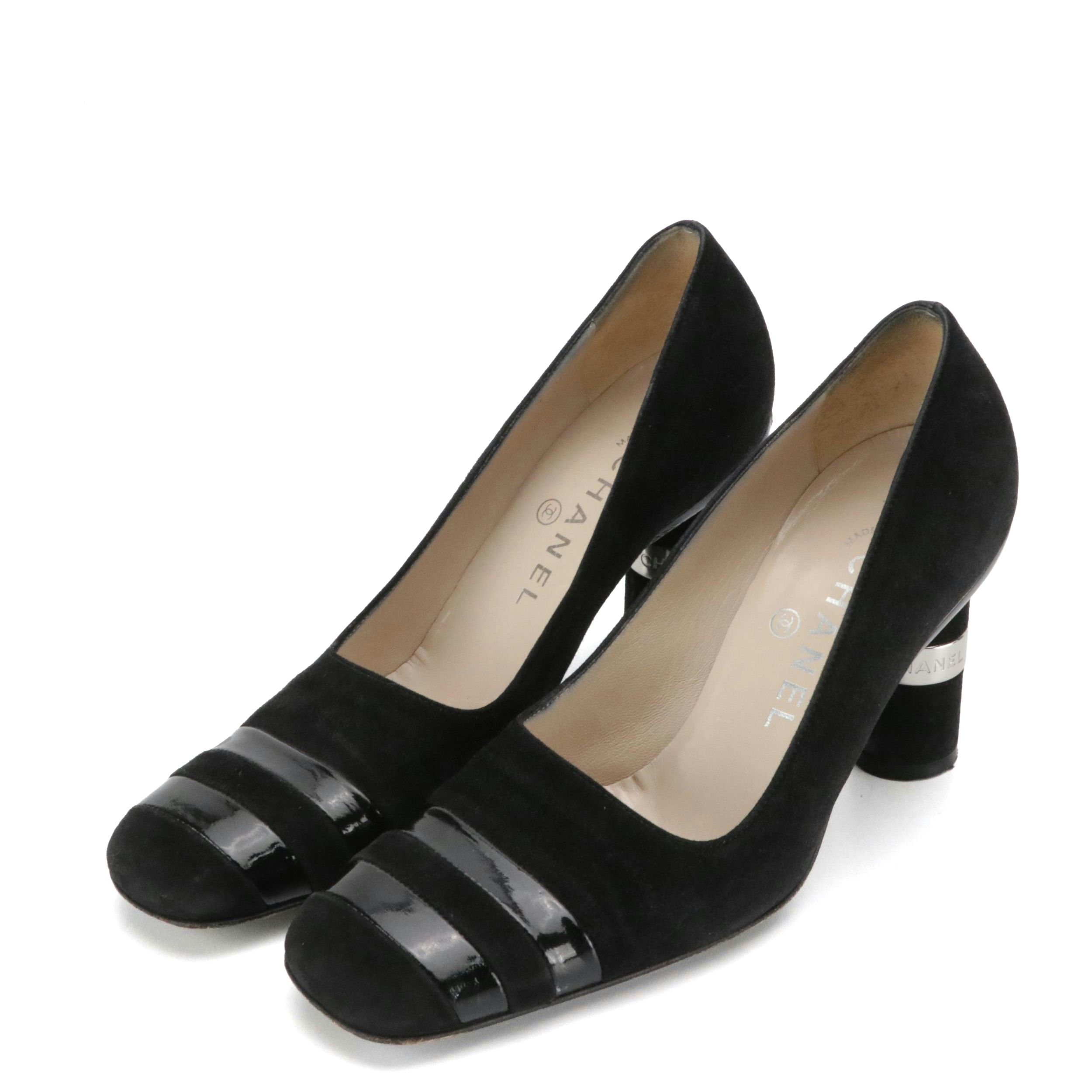 Chanel Suede Square Toe Pumps with Patent Leather Trim