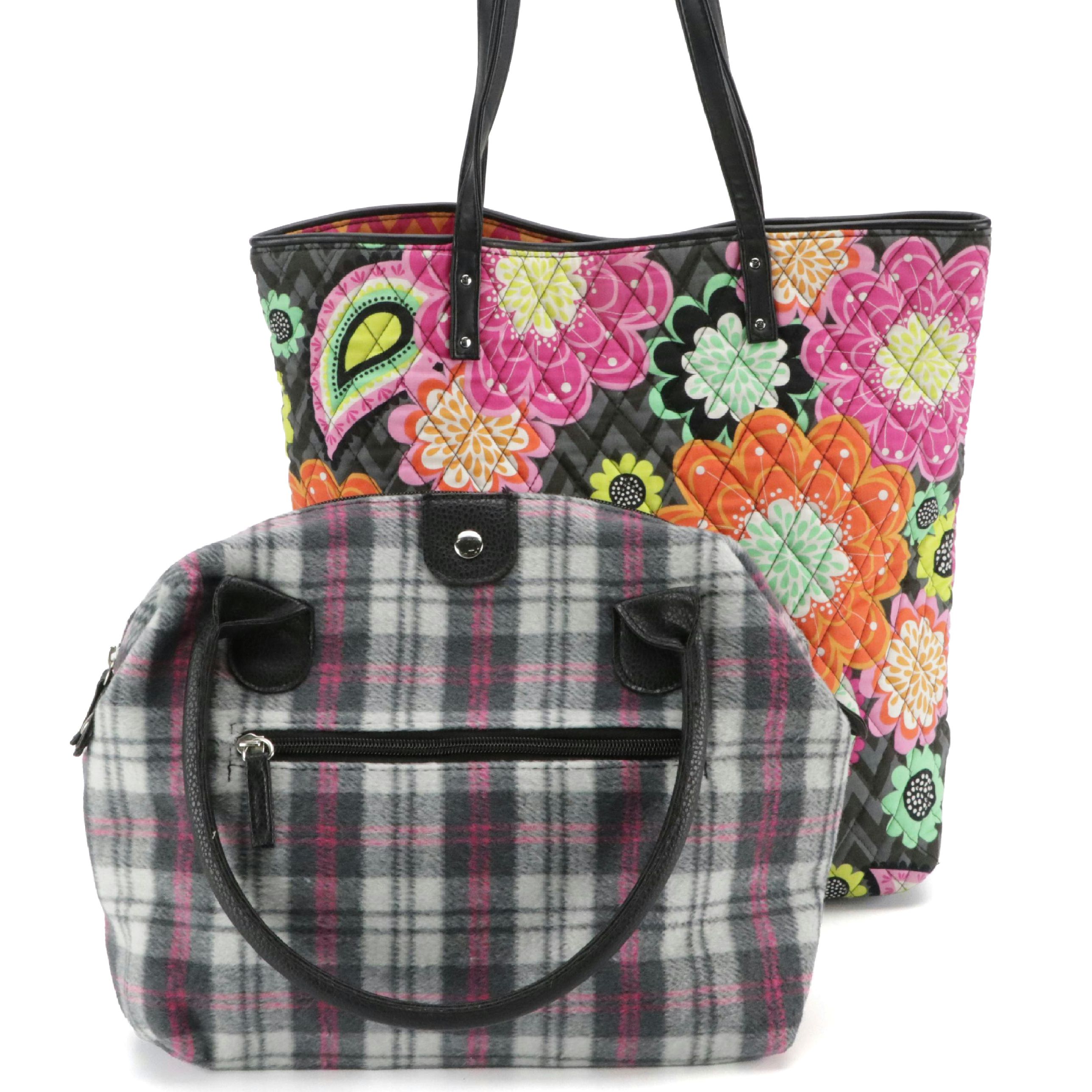 Vera Bradley Ziggy Zinnia Quilted Canvas Vertical Tote and Other Plaid Handbag