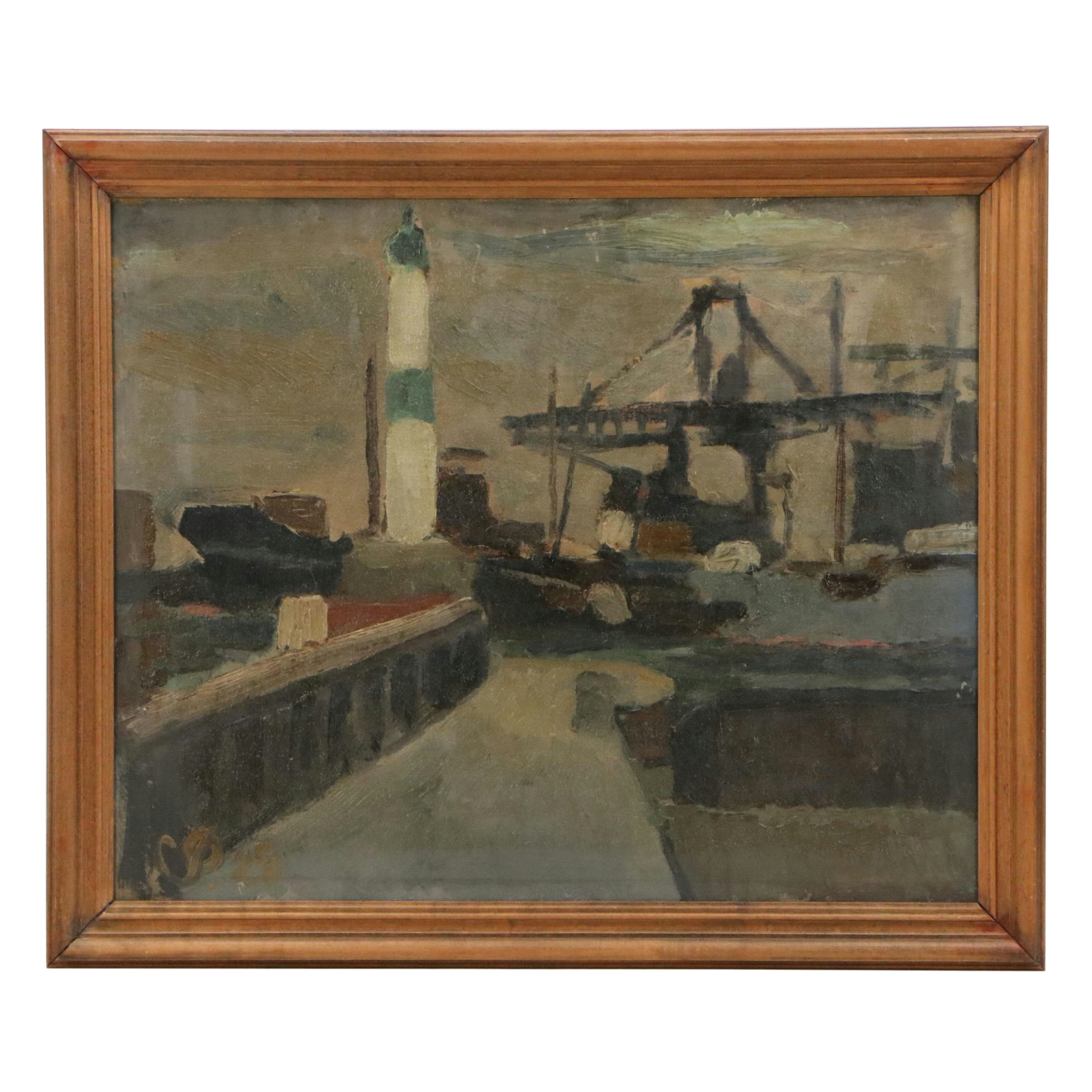 Oil Painting of Shipyard "Nordre mole, DK," 1928