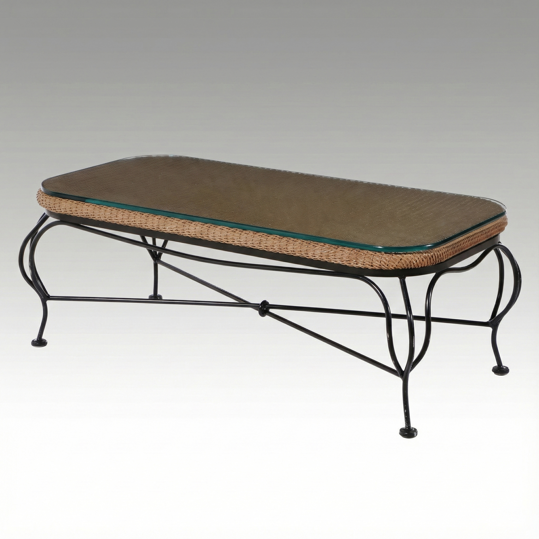Contemporary Art Nouveau Style Scrolled Metal Wicker Top Coffee Table