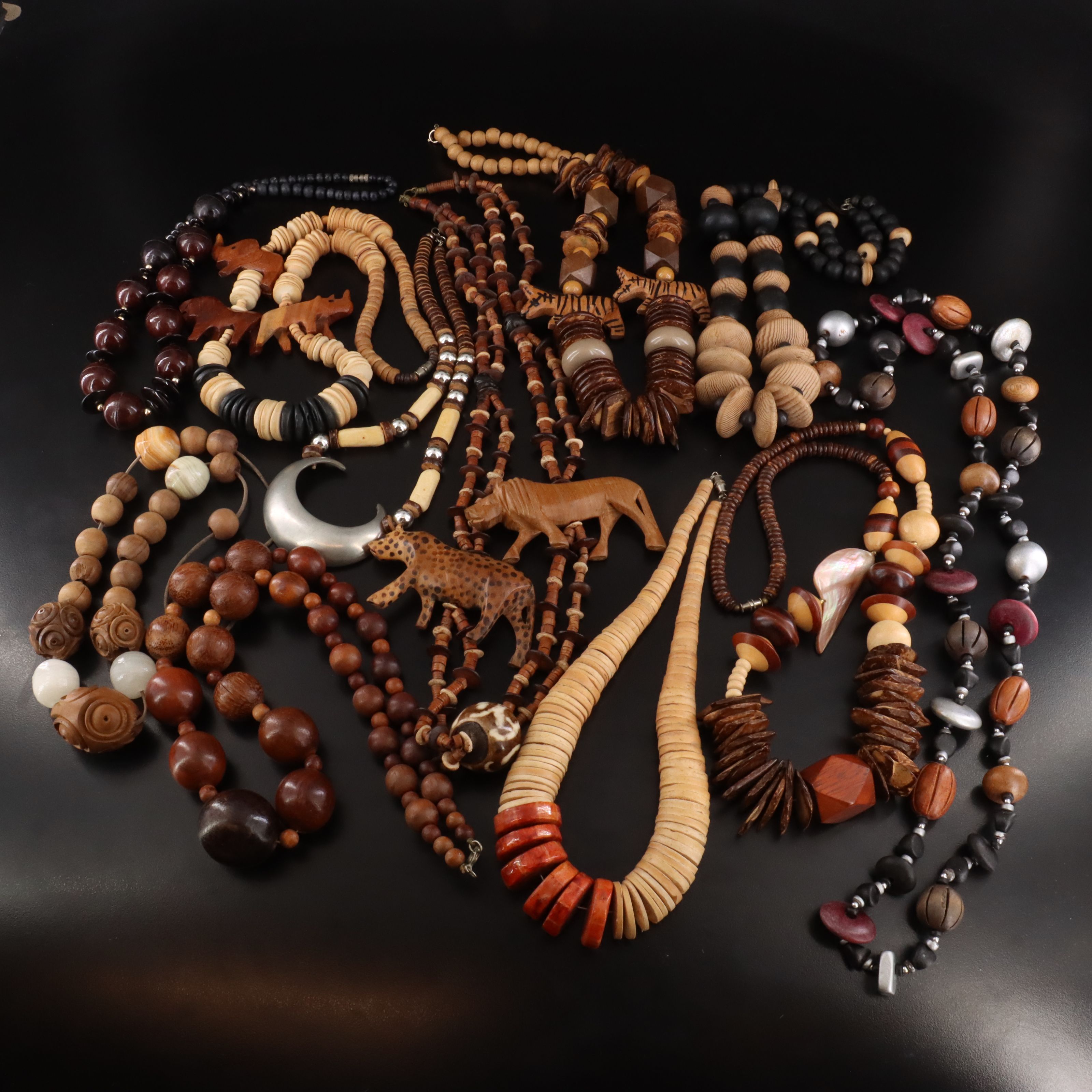 Vintage Wooden Necklace Collection Featuring Tree Nuts and Calcite