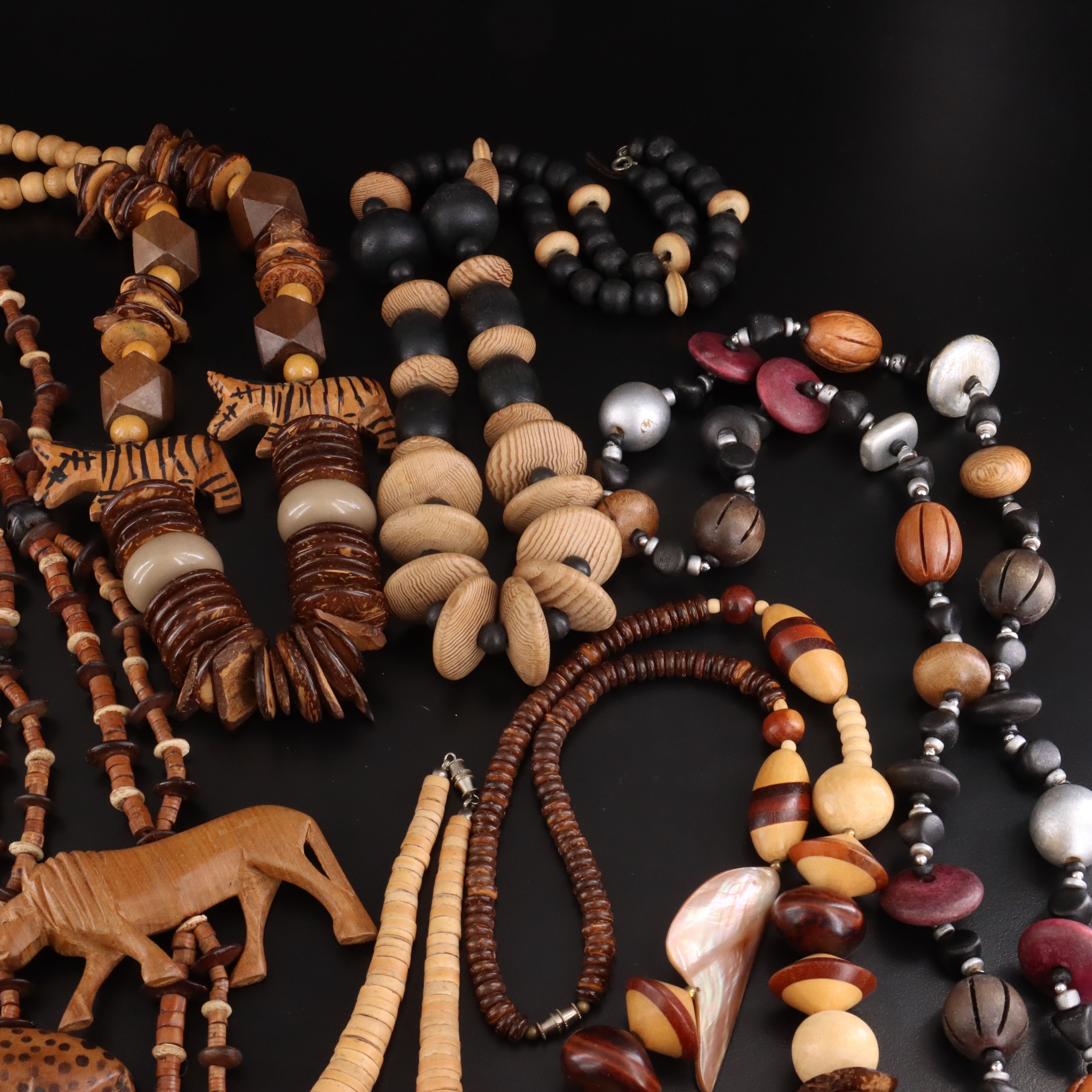 Vintage Wooden Necklace Collection Featuring Tree Nuts and Calcite