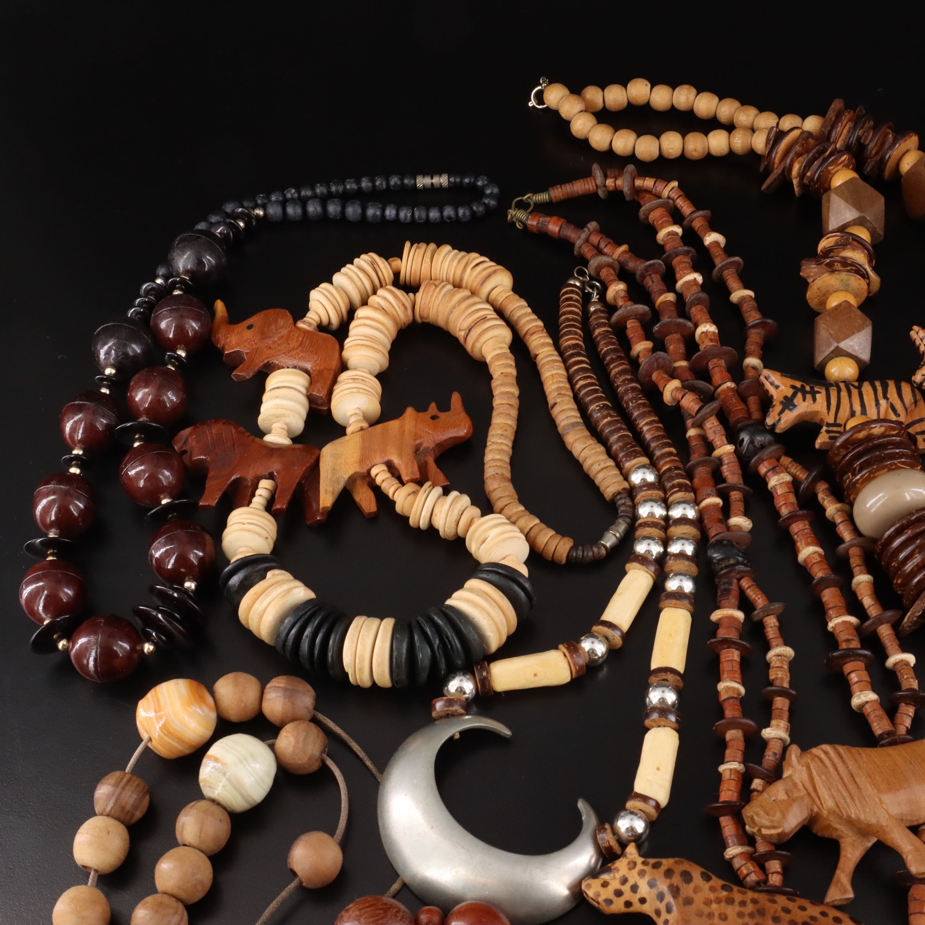 Vintage Wooden Necklace Collection Featuring Tree Nuts and Calcite