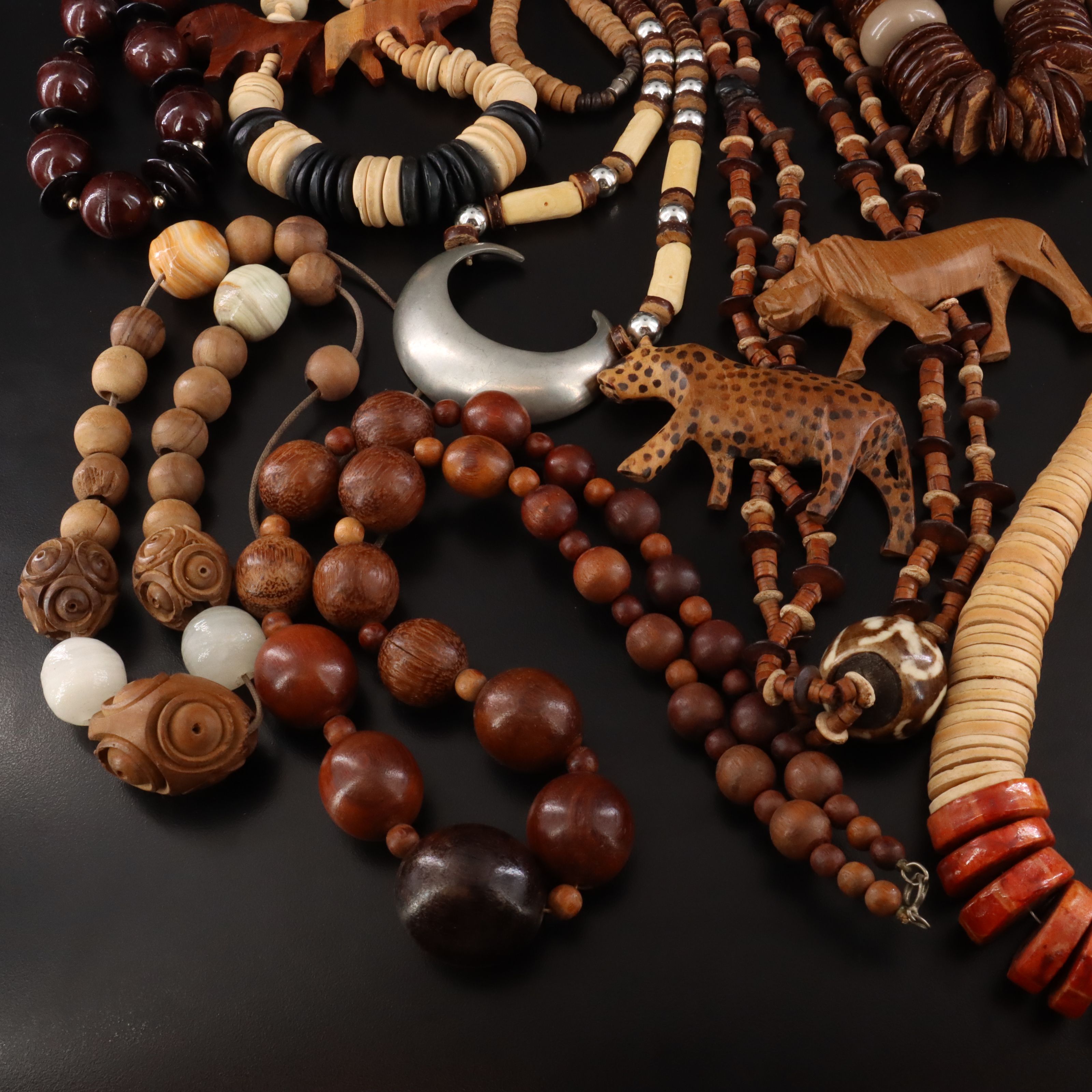 Vintage Wooden Necklace Collection Featuring Tree Nuts and Calcite