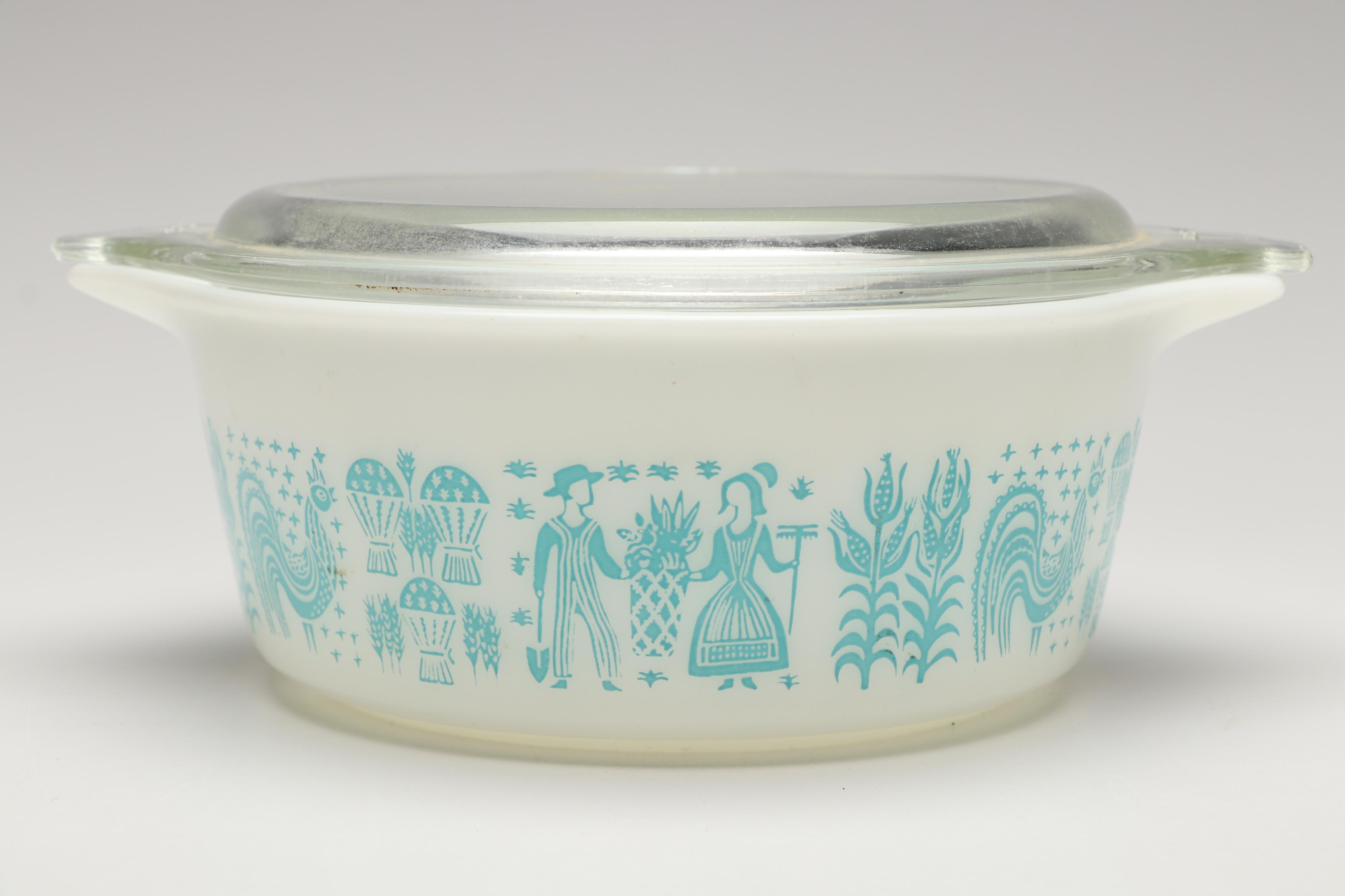 Pyrex "Butterprint Turquoise" Round Covered Casseroles, 1957–1968
