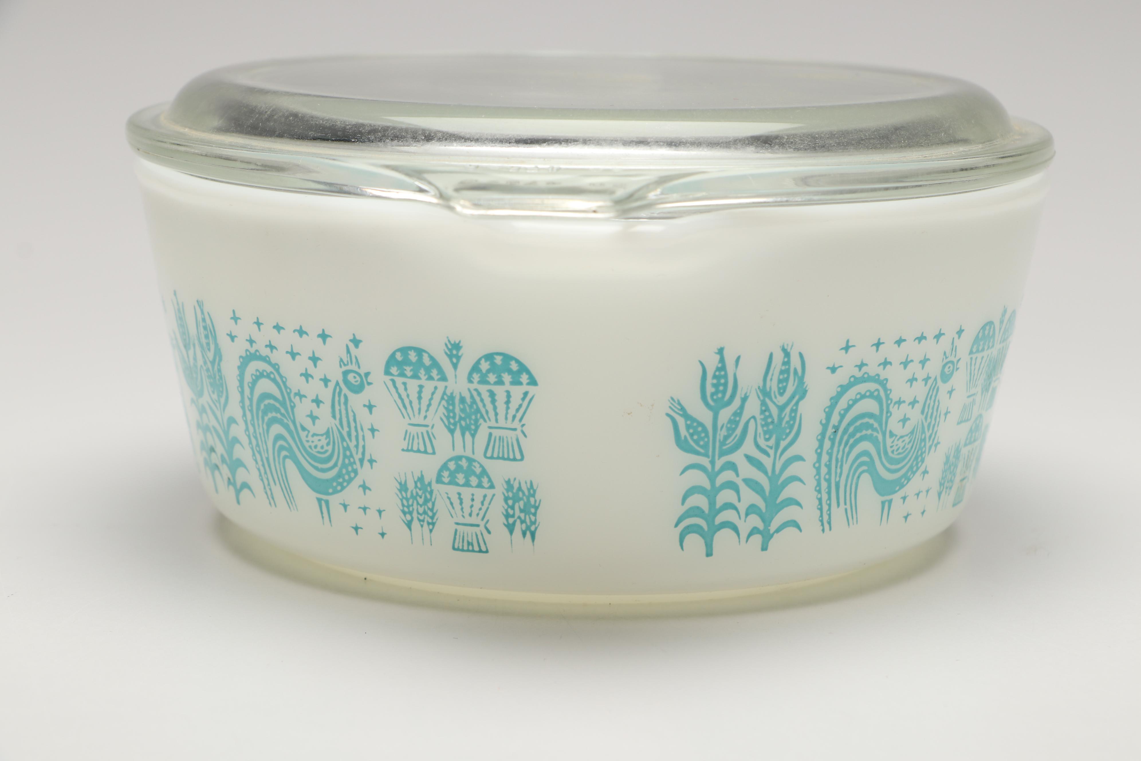 Pyrex "Butterprint Turquoise" Round Covered Casseroles, 1957–1968
