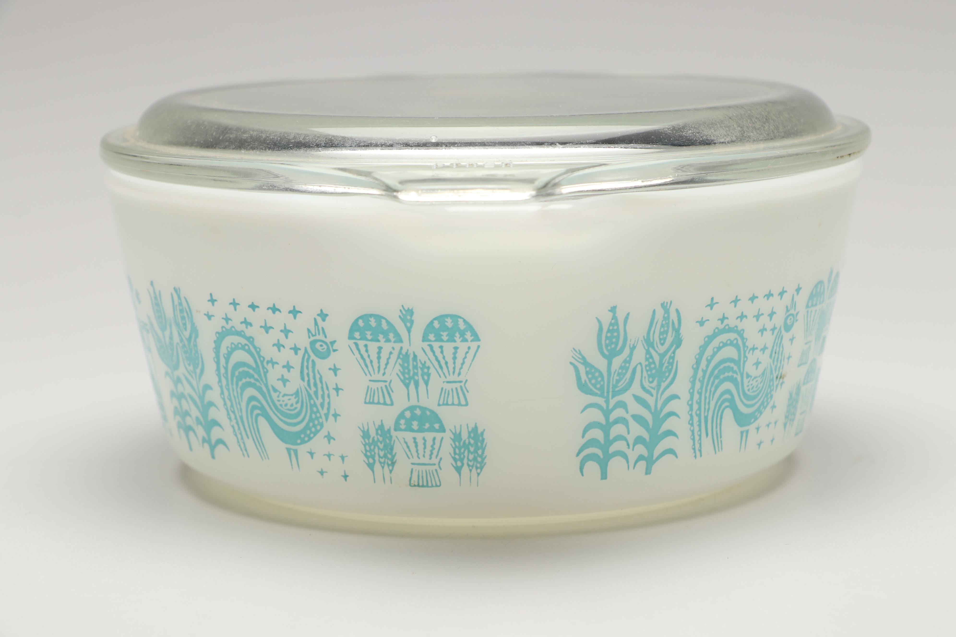 Pyrex "Butterprint Turquoise" Round Covered Casseroles, 1957–1968