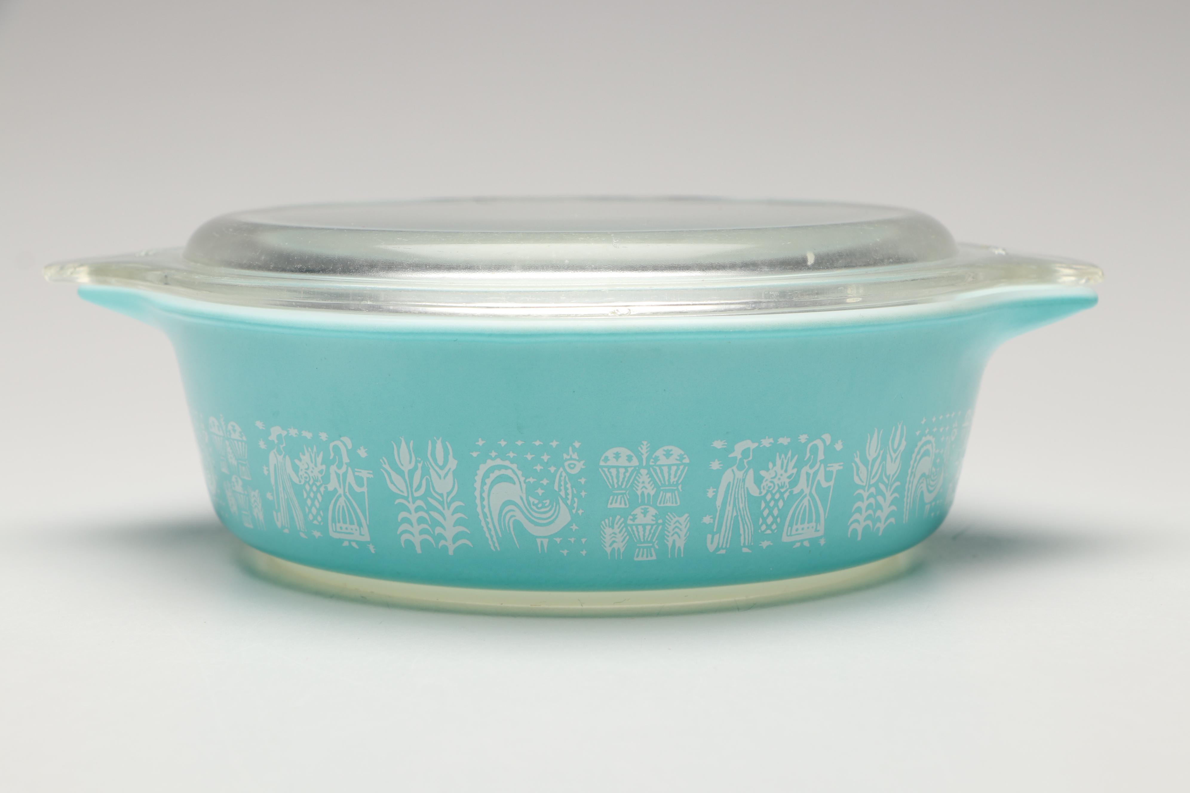Pyrex "Butterprint Turquoise" Round Covered Casseroles, 1957–1968