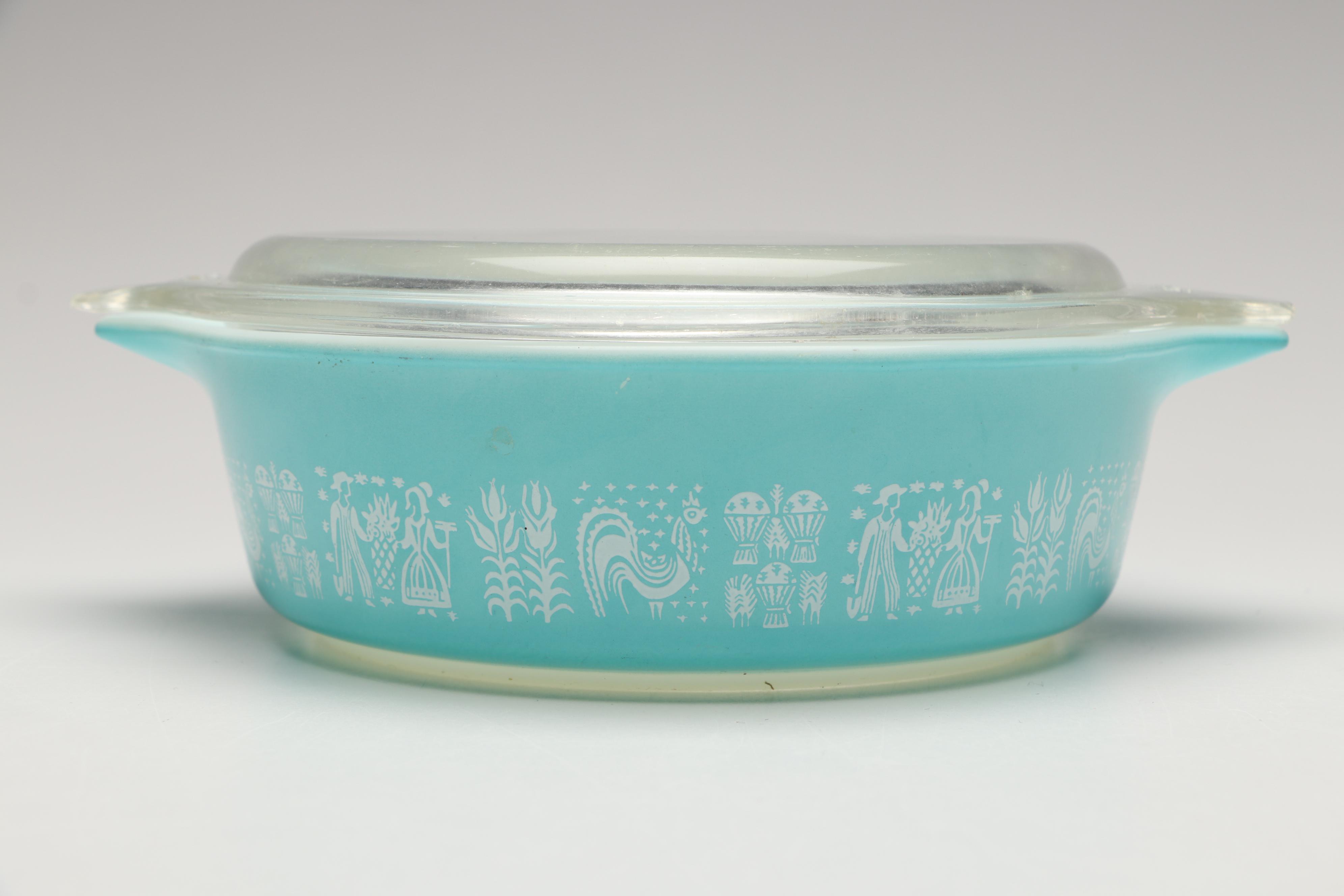 Pyrex "Butterprint Turquoise" Round Covered Casseroles, 1957–1968