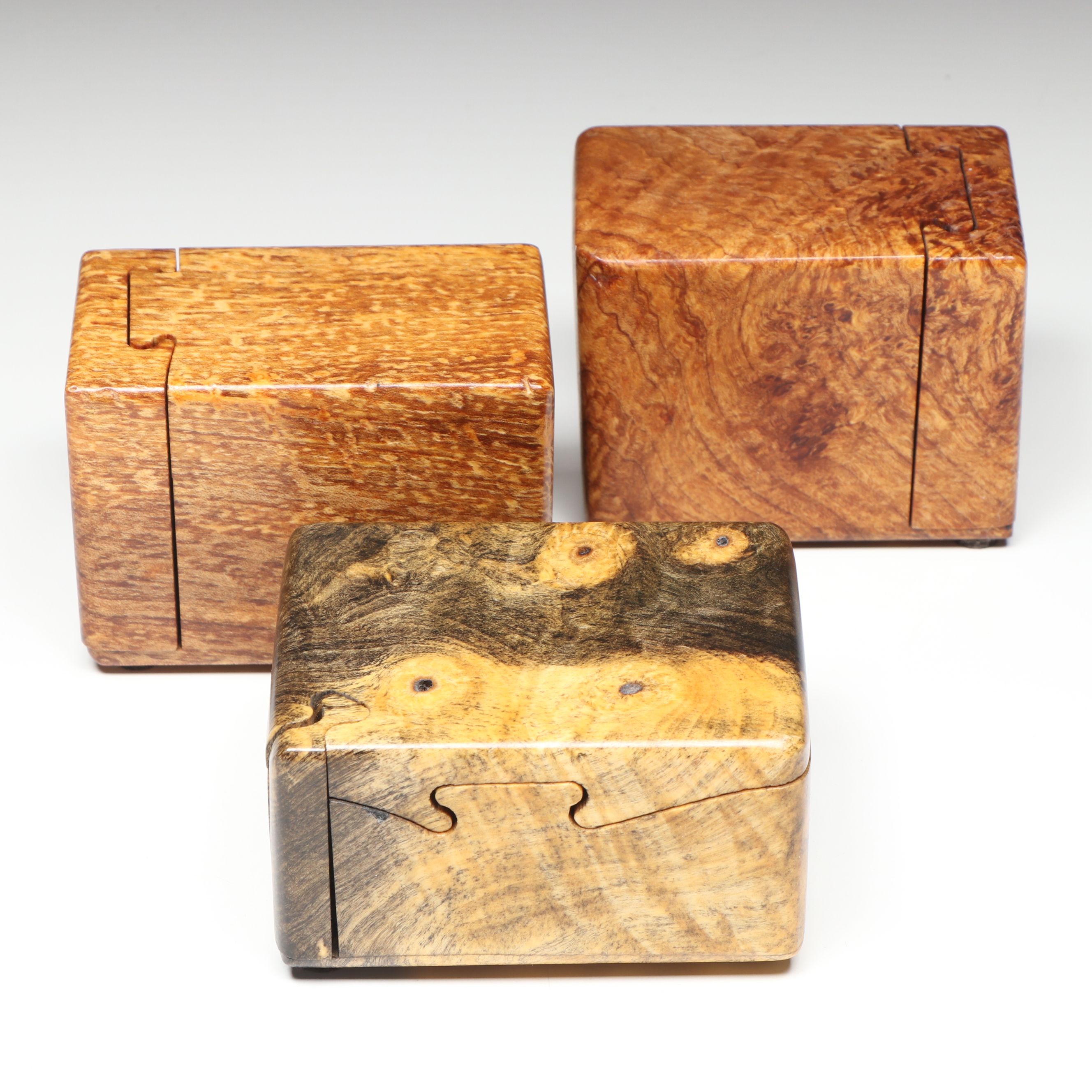Jeff Vollmer Royal Woods Maple and Buckeye Burl Puzzle Boxes