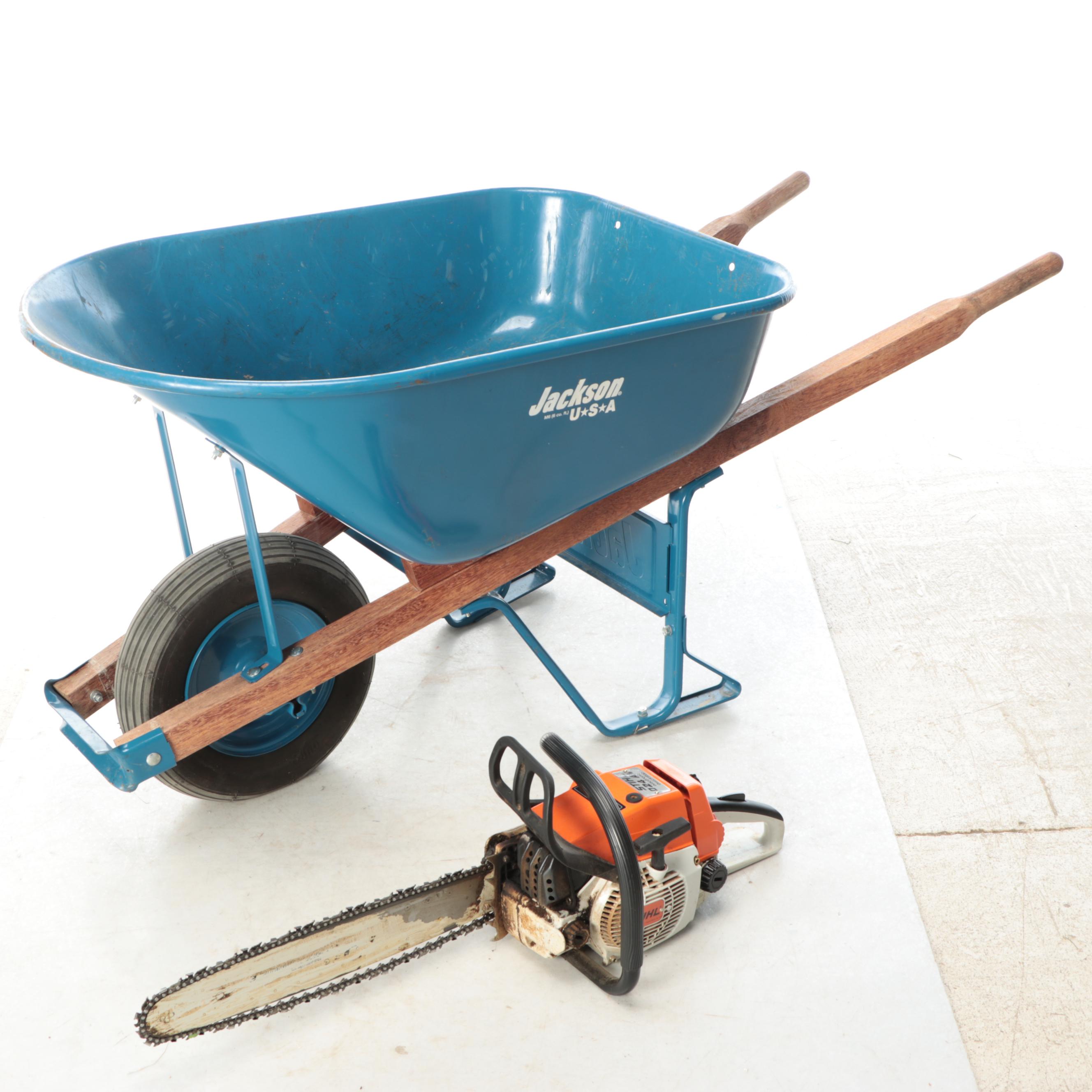 STIHL Chainsaw and Jackson Wheelbarrow