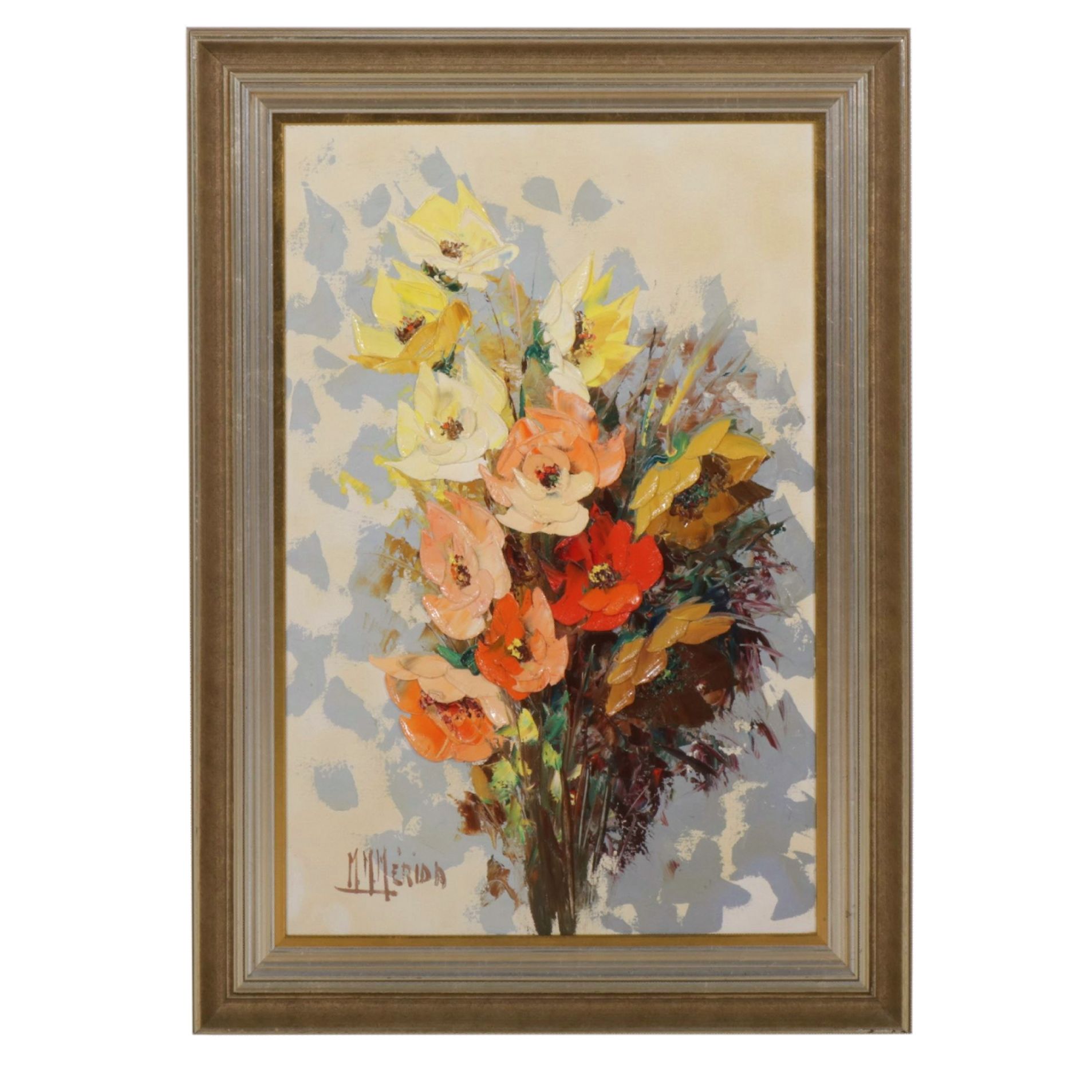 Manuel M. Merida Impressionist Impasto Still Life Oil Painting of Flower Bouquet
