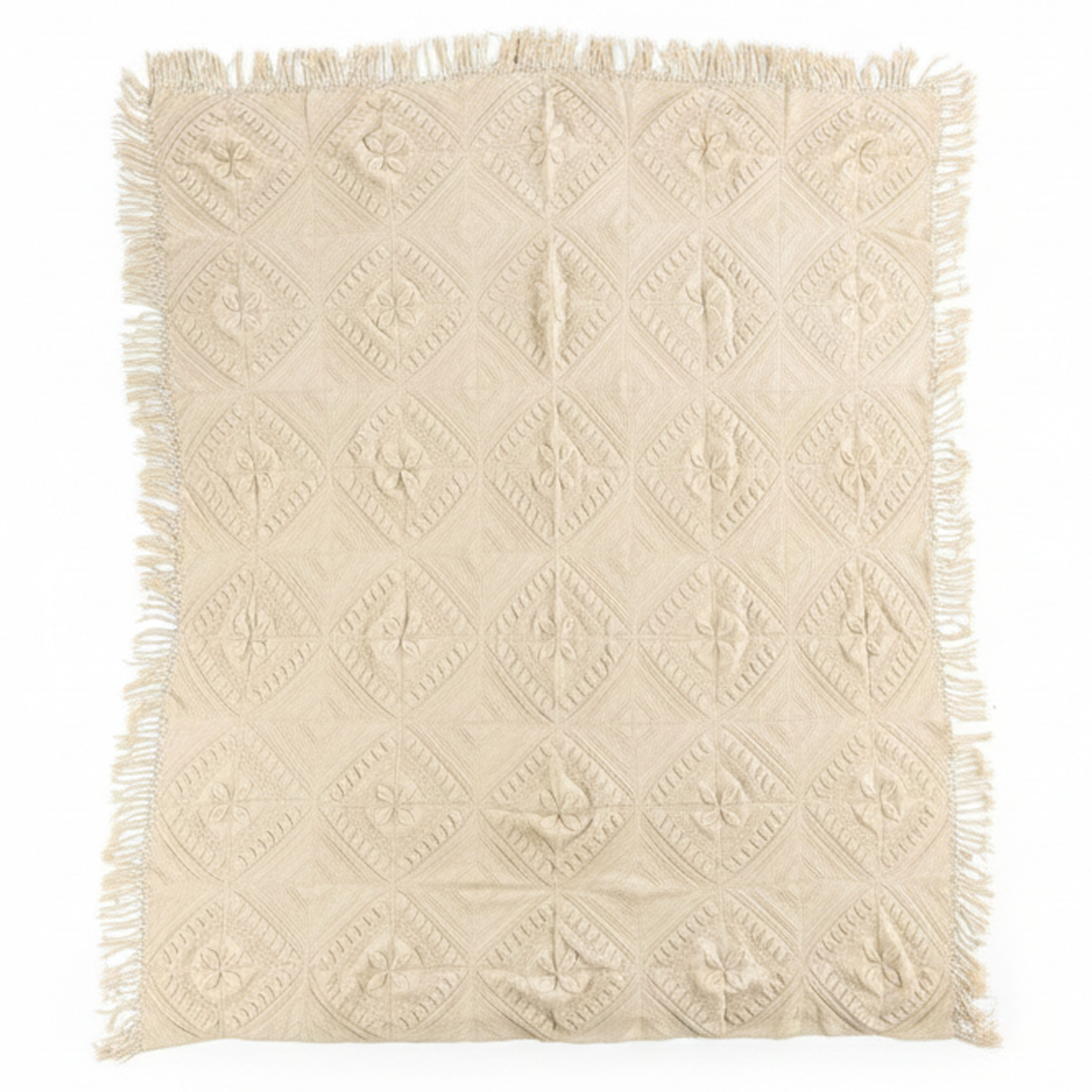 Victorian Style Hand-Crocheted Cotton Blanket with Fringe