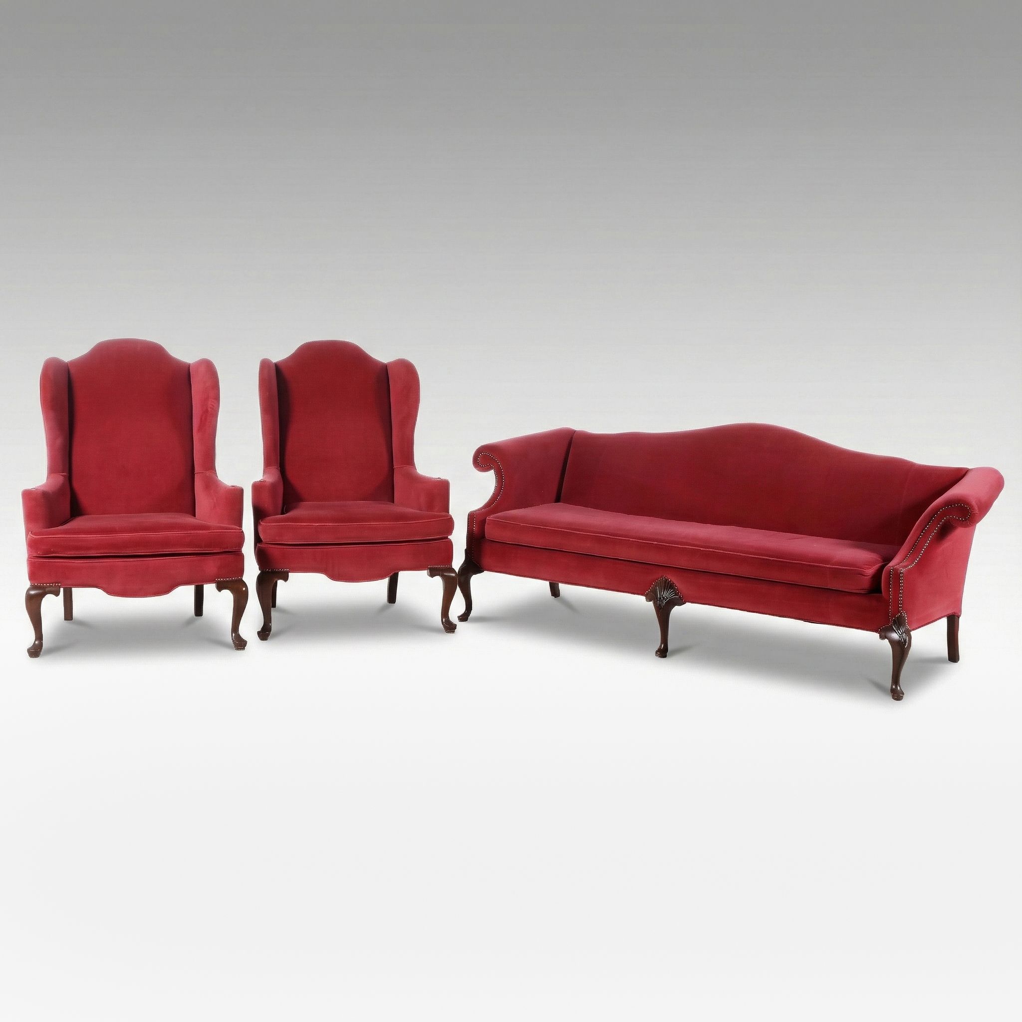 Queen Anne Style Slipcovered Camelback Sofa and Pair of Wingback Chairs